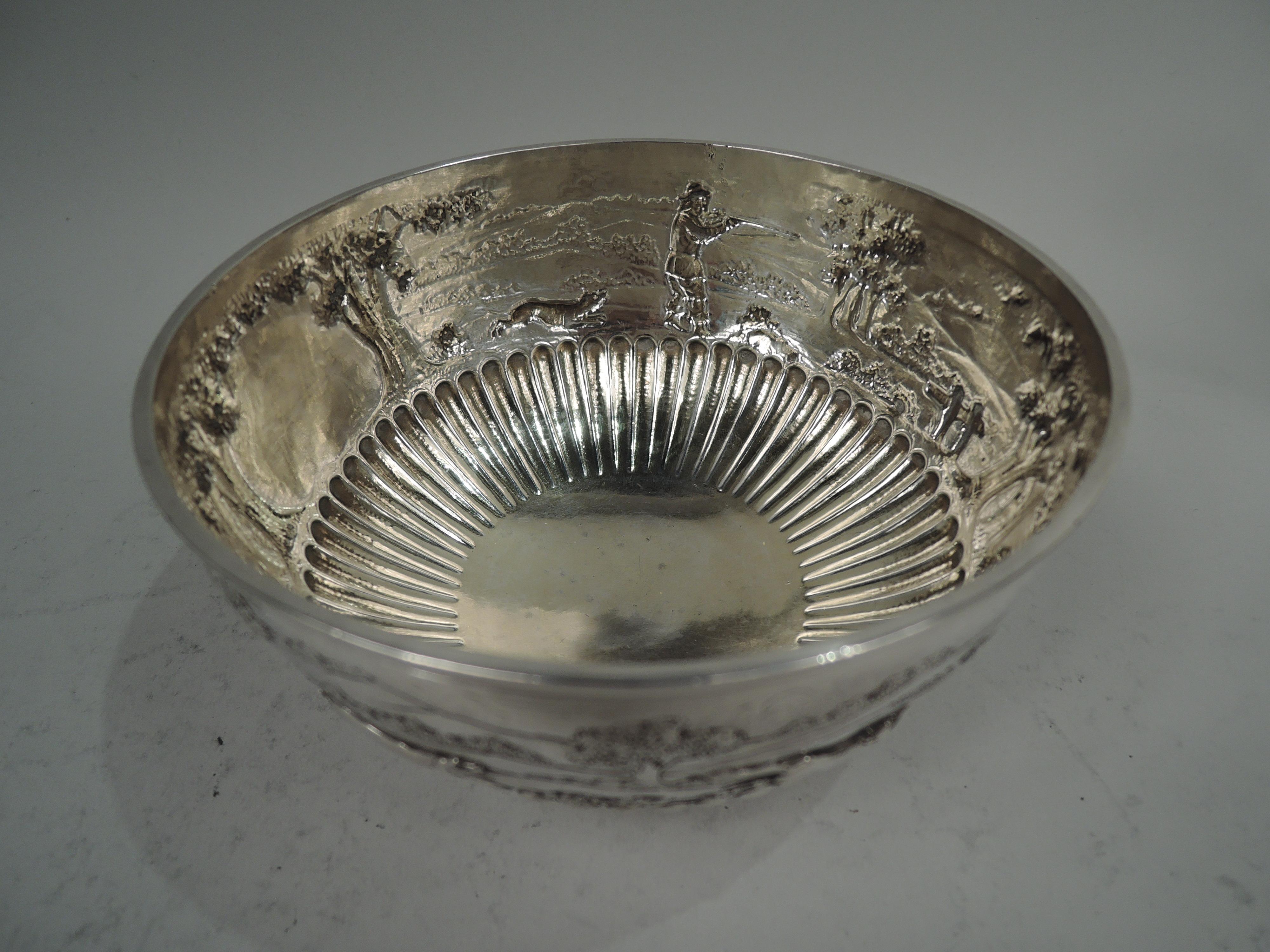 English Victorian Sterling Silver Bowl with Rural Fox Hunt Scene For Sale 2