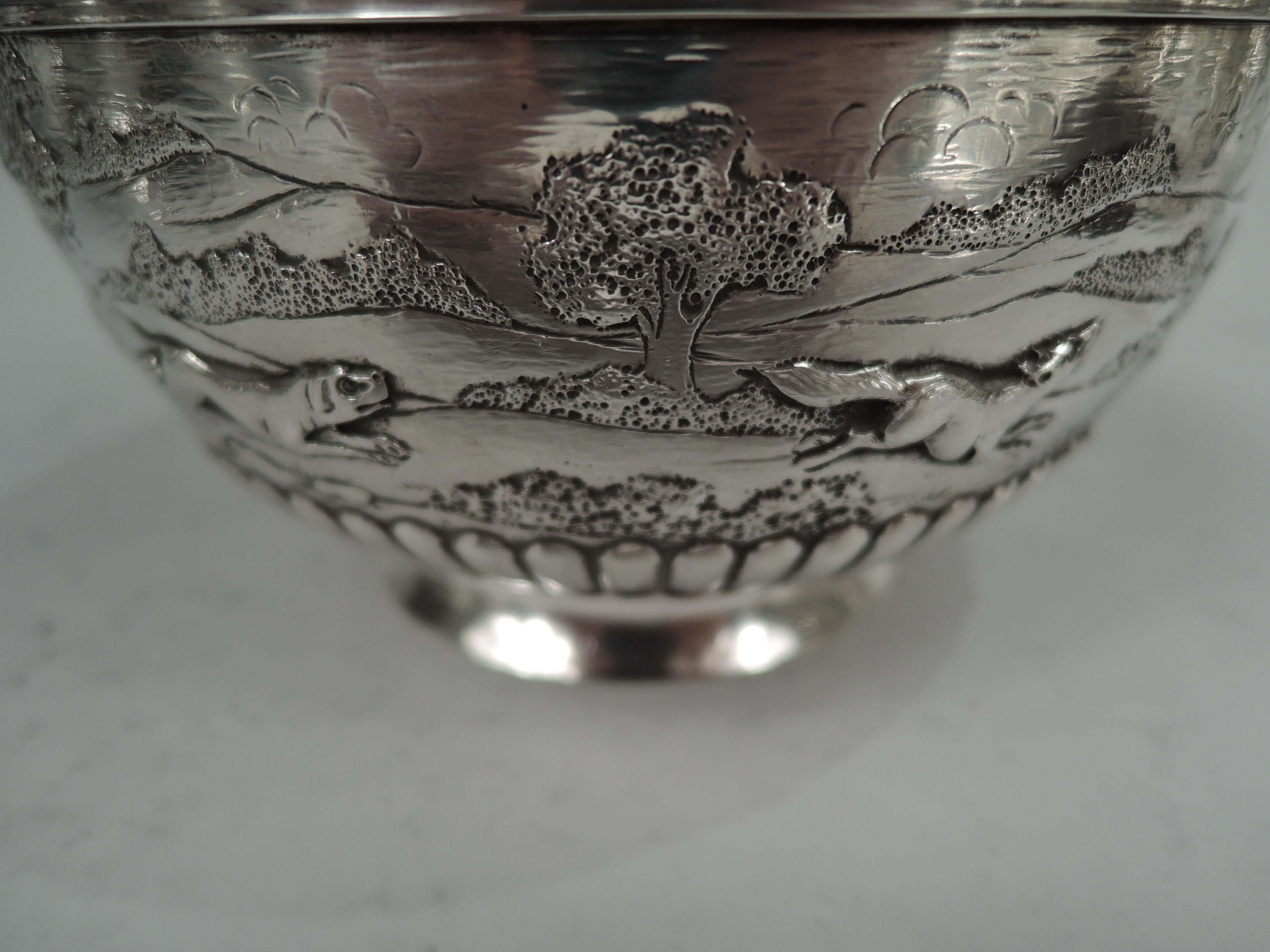 English Victorian Sterling Silver Bowl with Rural Fox Hunt Scene For Sale 3