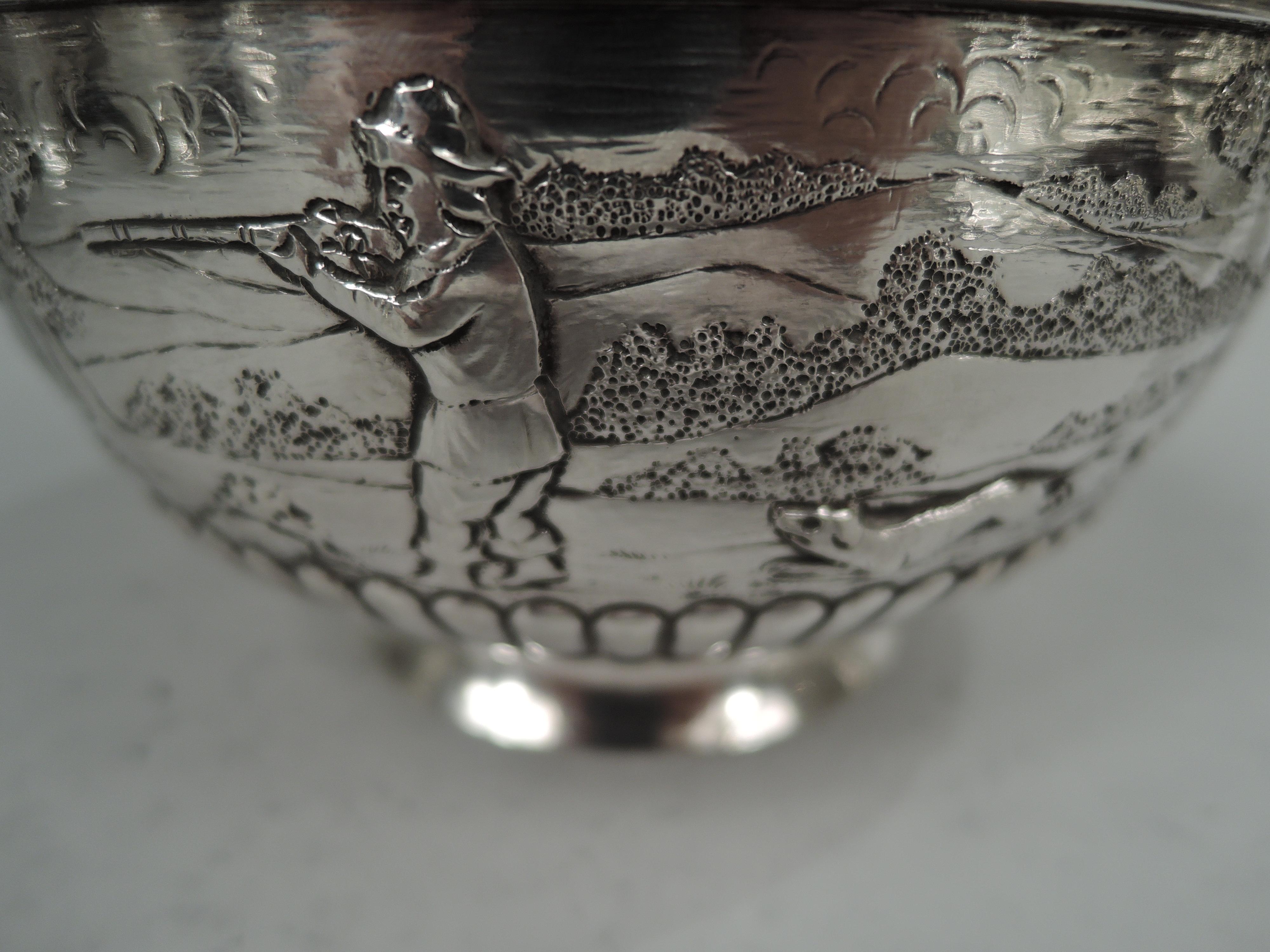 English Victorian Sterling Silver Bowl with Rural Fox Hunt Scene For Sale 4