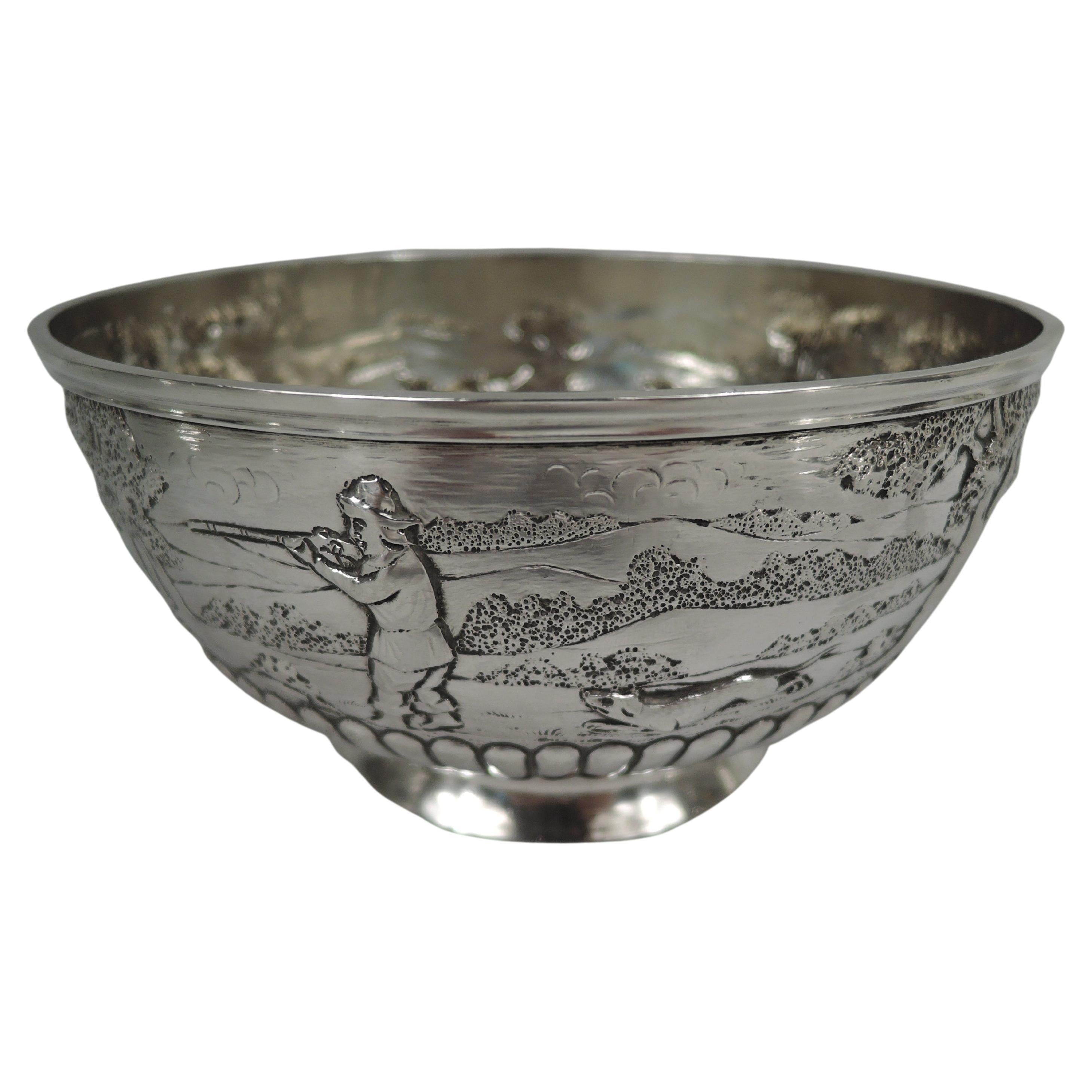 English Victorian Sterling Silver Bowl with Rural Fox Hunt Scene For Sale