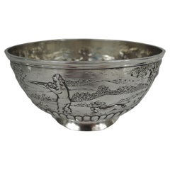 English Victorian Sterling Silver Bowl with Rural Fox Hunt Scene