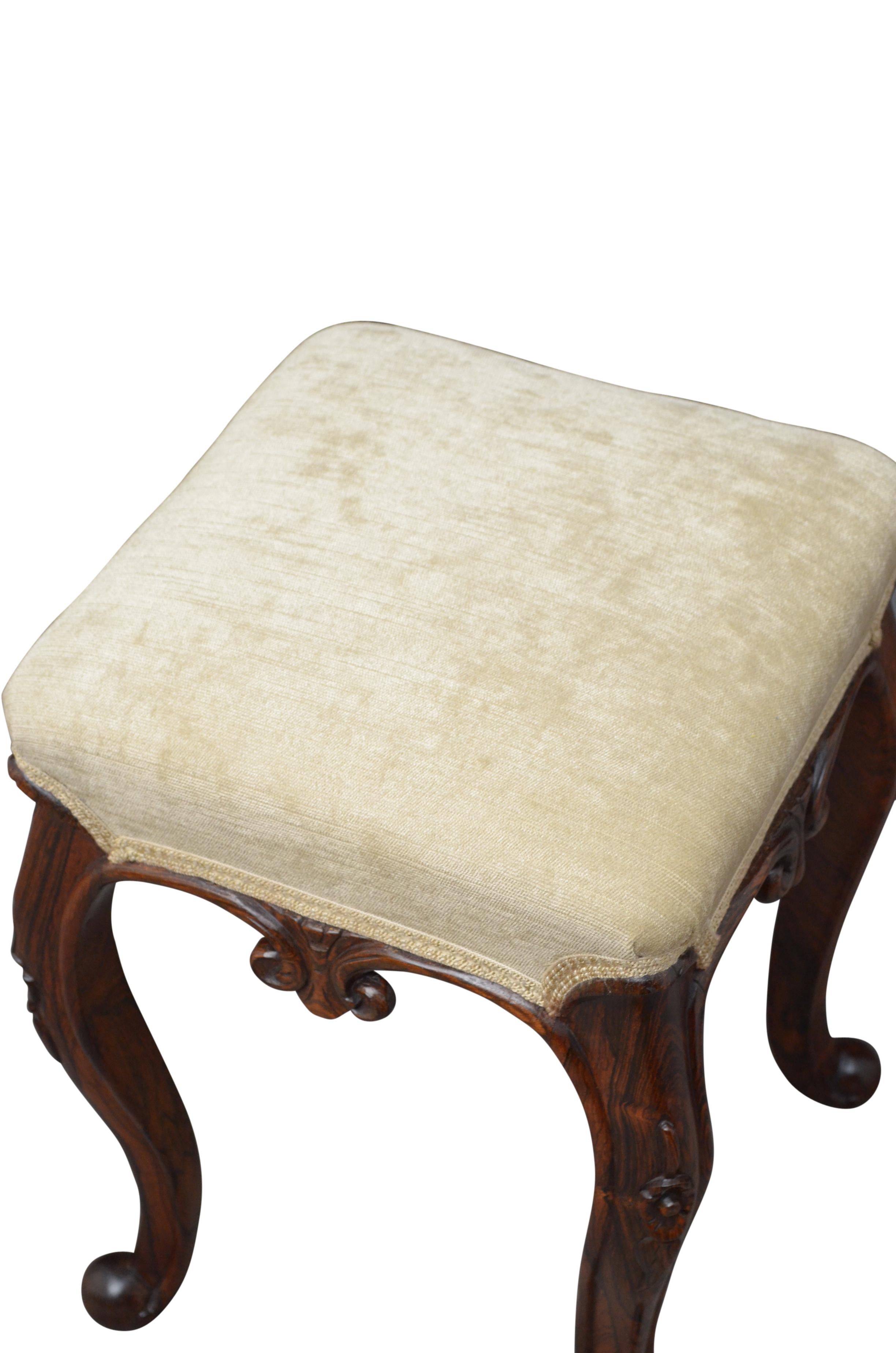 P0170 Fine quality and very elegant Victorian dressing table or piano stool in Goncalo Alves having new upholstery with cream top cover and four carved, cabriole legs, all in wonderful home ready condition. All joints have been checked and