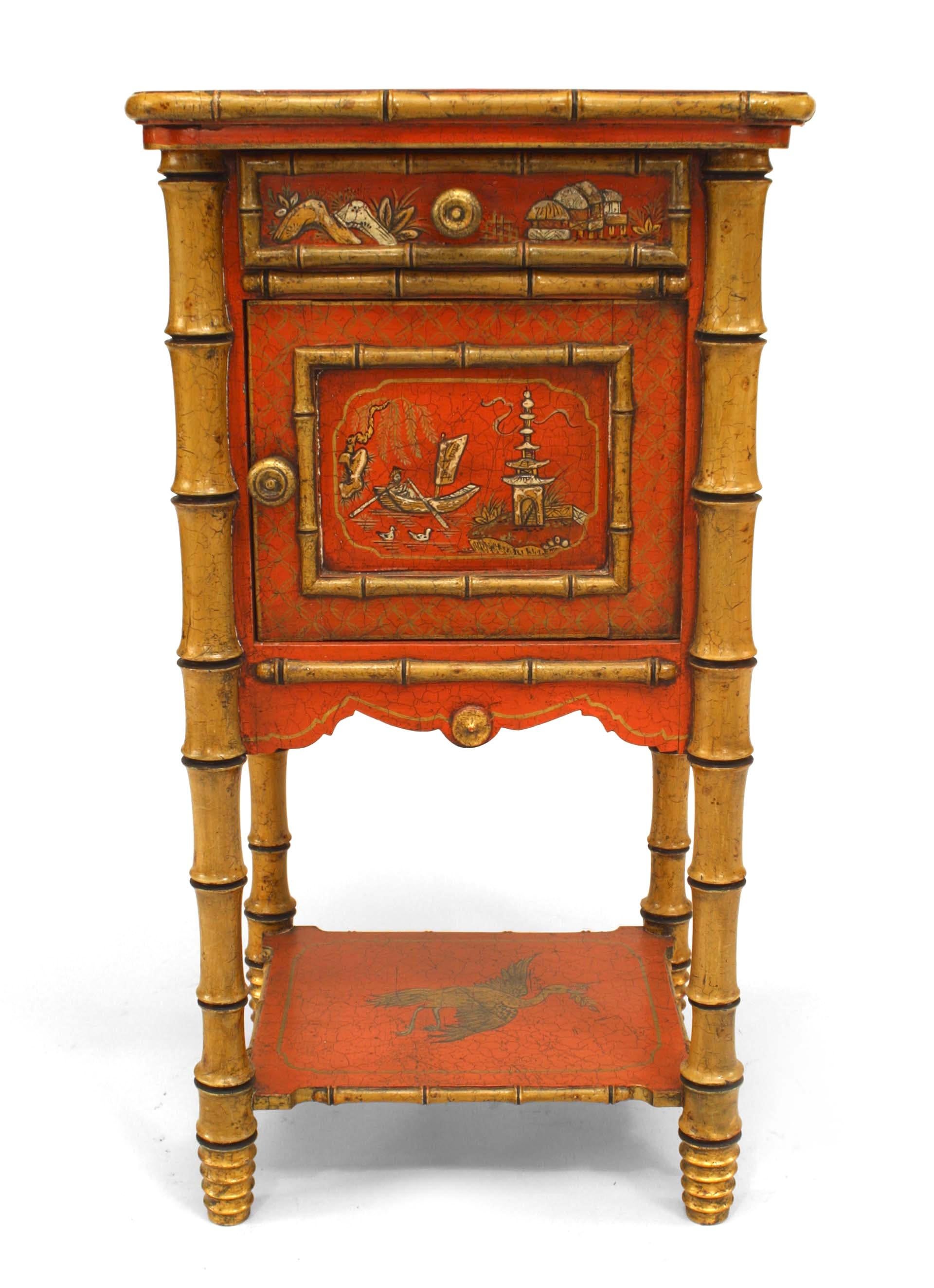 English Victorian style (19th-20th century) faux bamboo and red lacquered chinoiserie decorated bedside table/commode with shelf and one door and drawer.
 