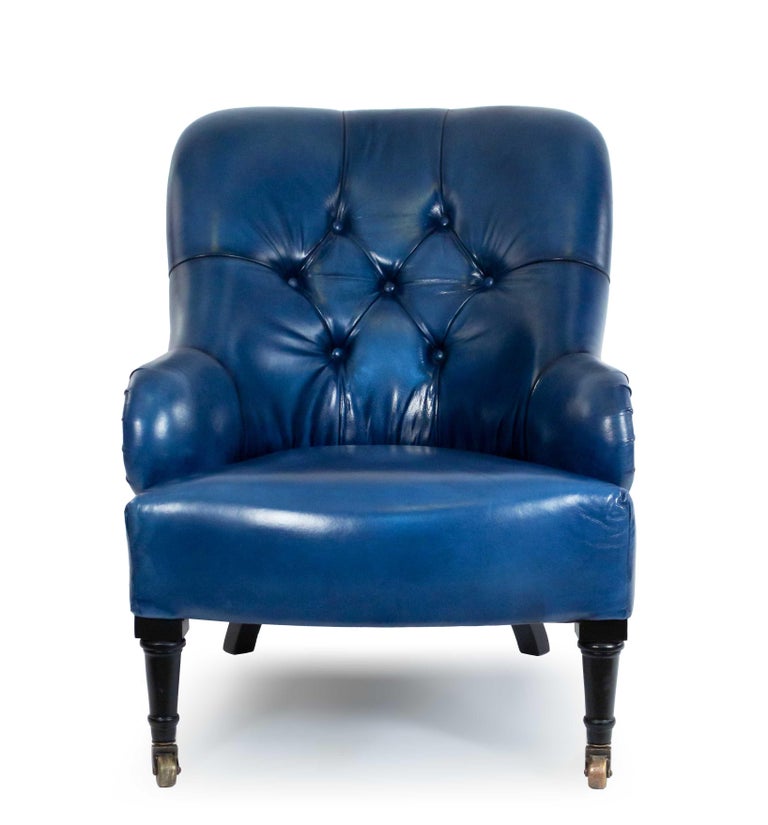 English Victorian Style Blue Tufted Leather Arm / Club Chairs '3 Pairs