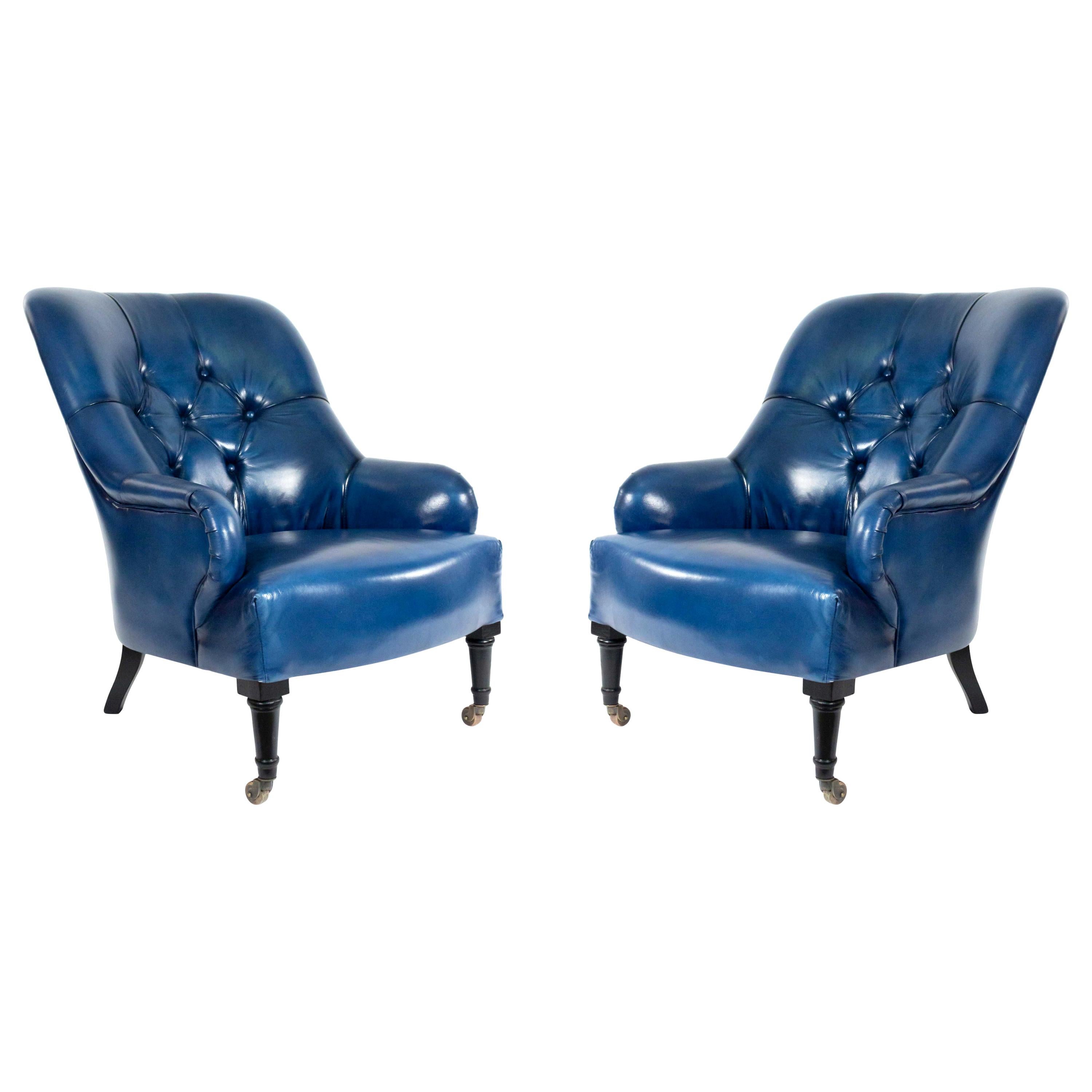 English Victorian Style Blue Tufted Leather Arm / Club Chairs '3 Pairs' For Sale