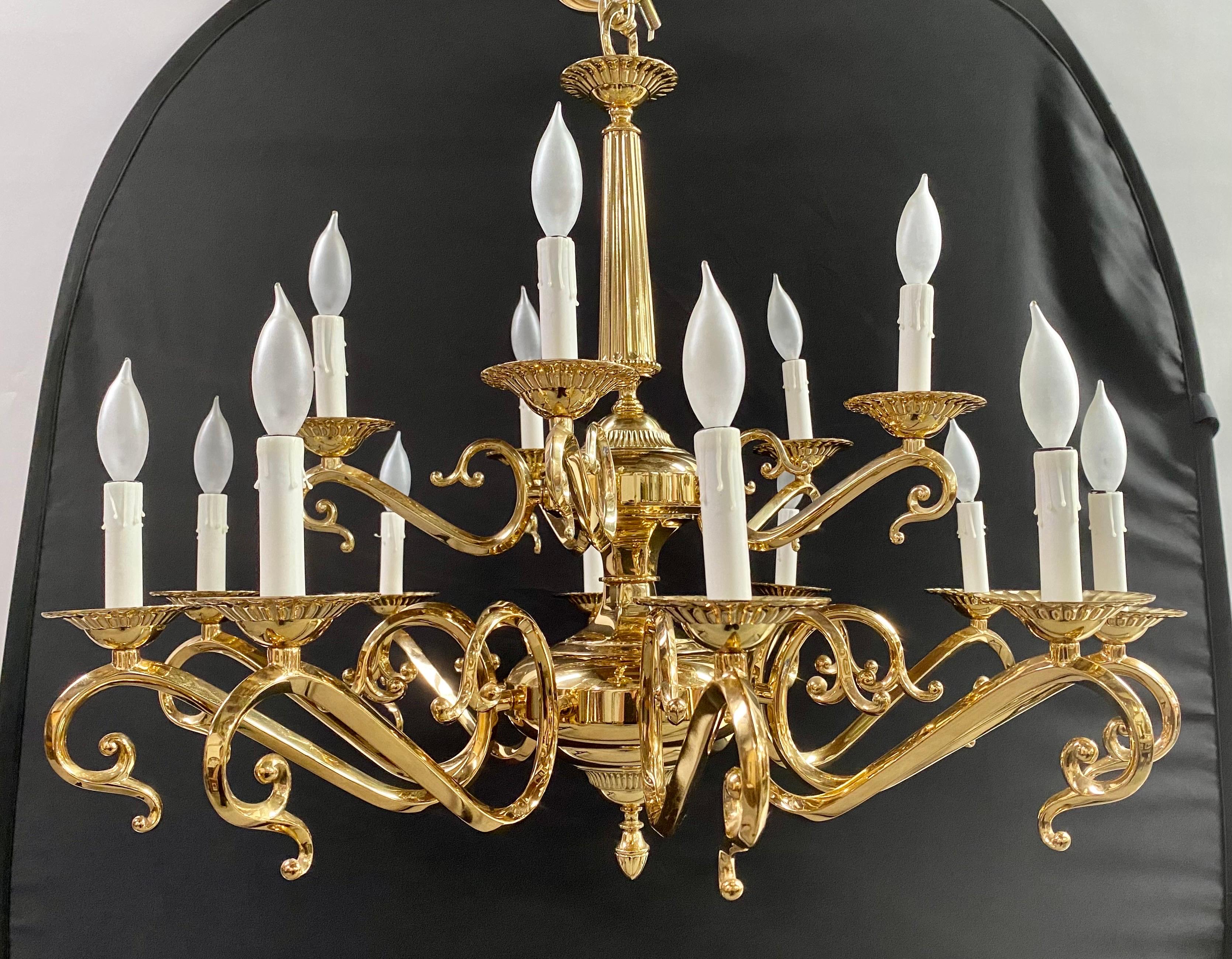 An majestic English Victorian-style brass chandelier, resplendent with fifteen gracefully articulated arms. The chandelier's central stem, an embodiment of structural and aesthetic integrity, commences its ascent with a fluted cylindrical