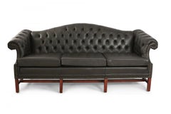 English Victorian Style Camel Back Black Tufted Leather Sofa