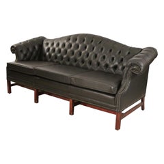 English Victorian Style Camel Back Black Tufted Leather Sofa
