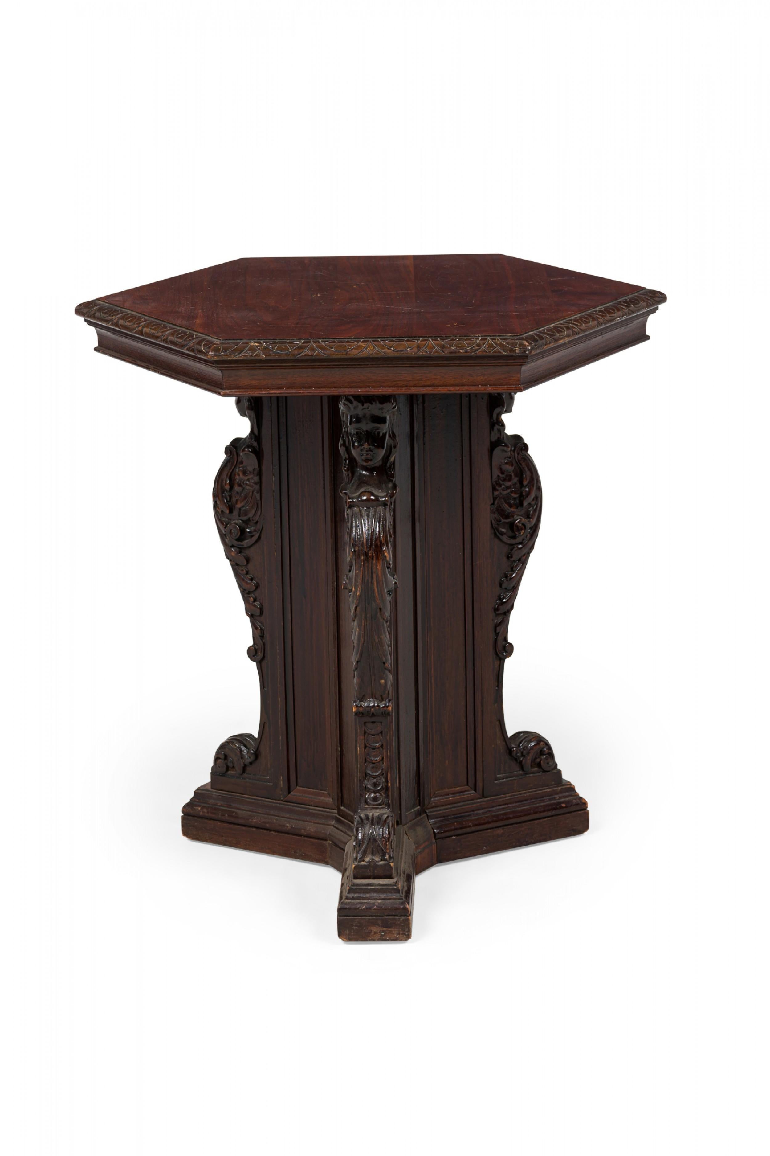 Unknown English Victorian-Style Carved Mahogany Hexagonal Occasional / End Table For Sale
