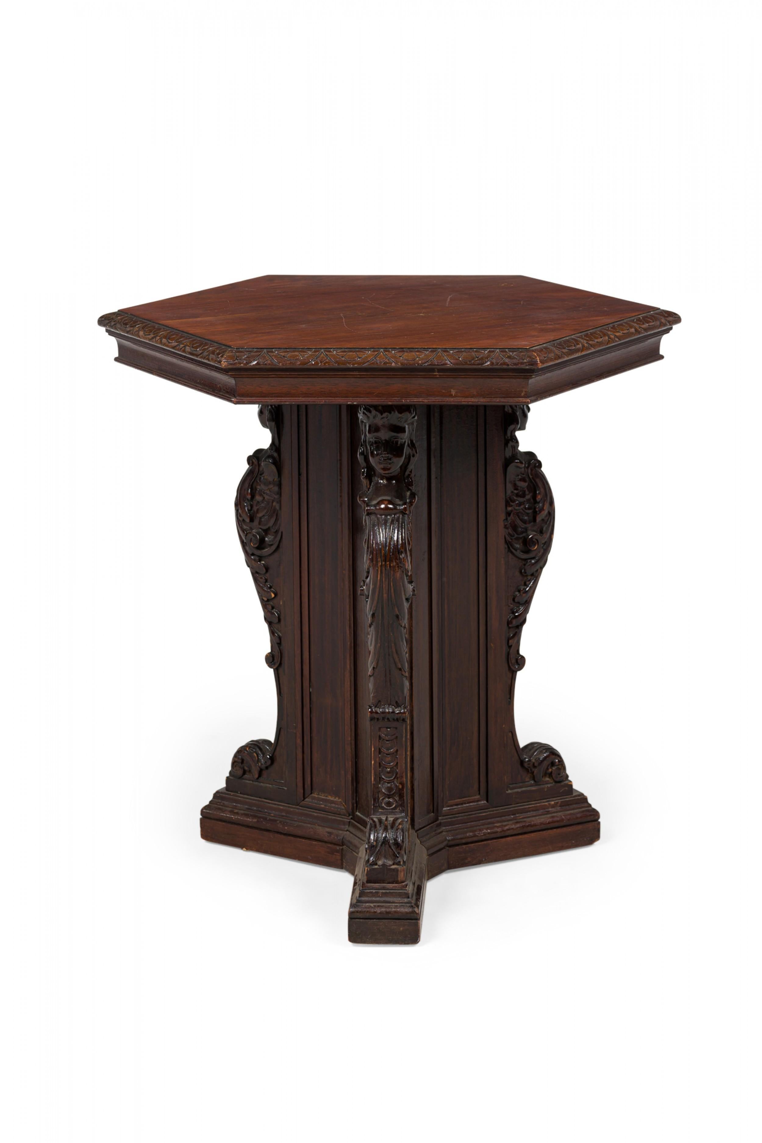 Wood English Victorian-Style Carved Mahogany Hexagonal Occasional / End Table For Sale