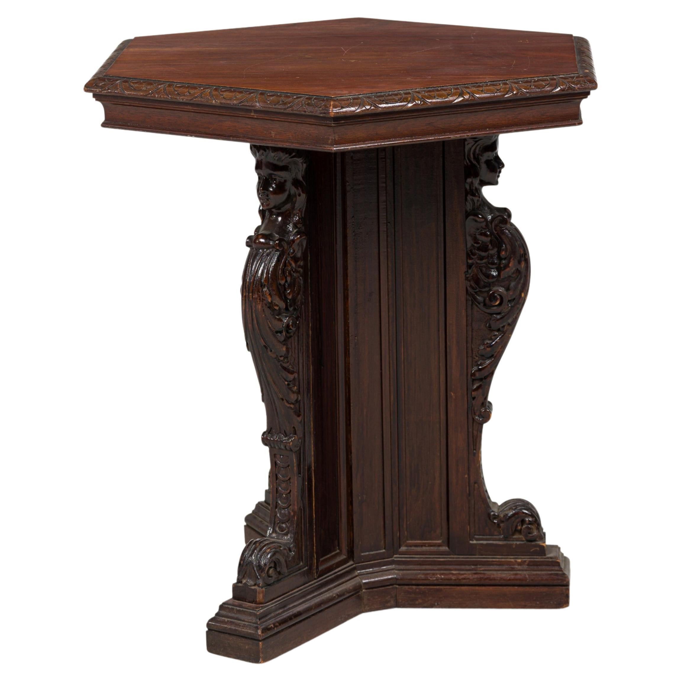 English Victorian-Style Carved Mahogany Hexagonal Occasional / End Table