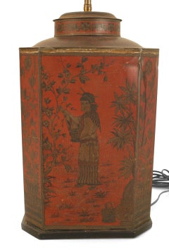 English Victorian Style Chinoiserie Red Tole Table Lamp