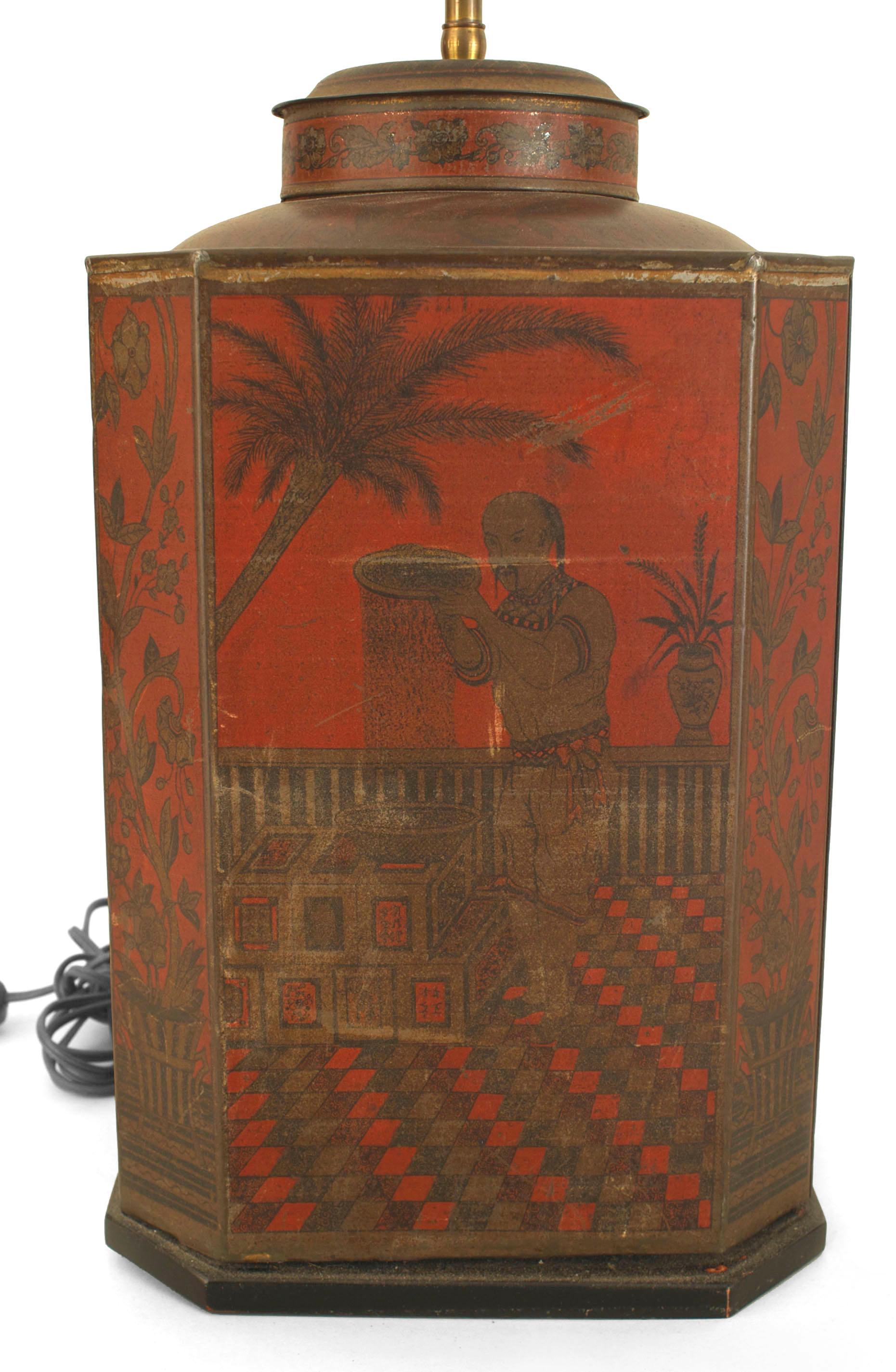 Unknown English Victorian Style Chinoiserie Red Tole Table Lamp For Sale
