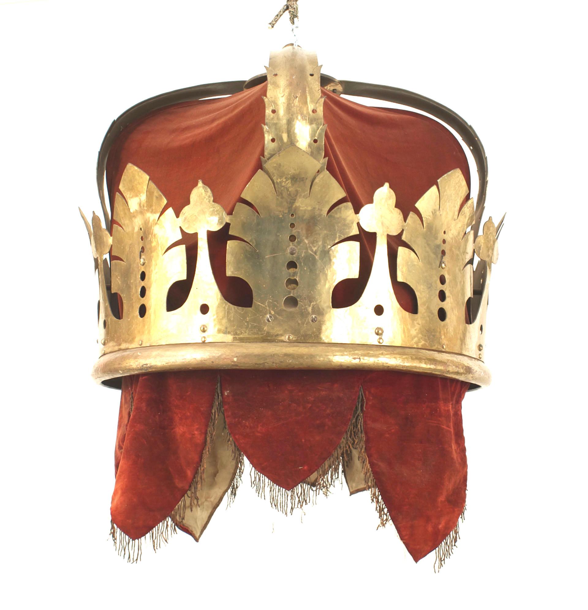 English Victorian Red Velvet and Brass Crown Chandelier
