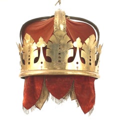 Vintage English Victorian Red Velvet and Brass Crown Chandelier