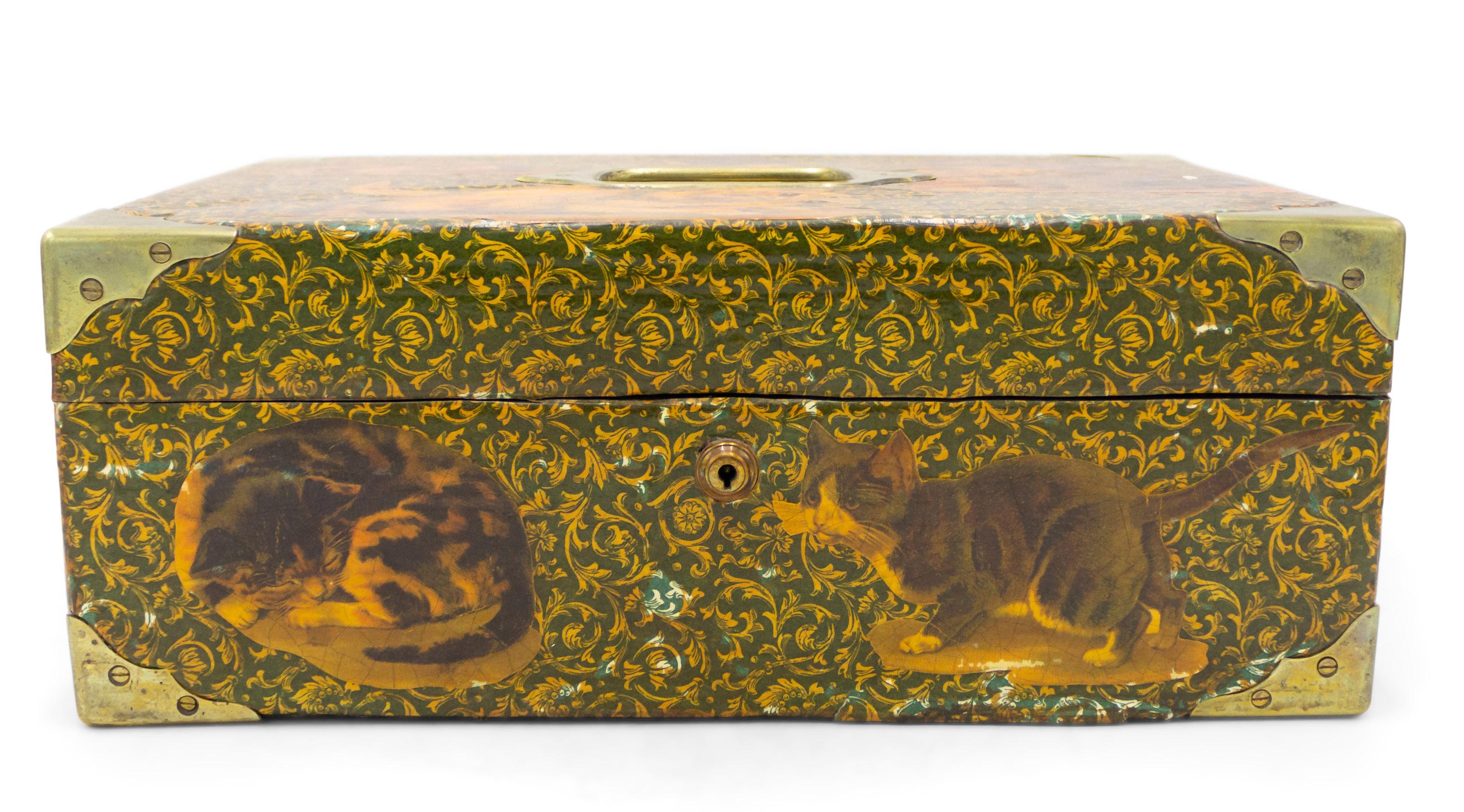 English Victorian-style (20th Century) decoupage decorated box with cat design and brass handle top and corner trim.
 