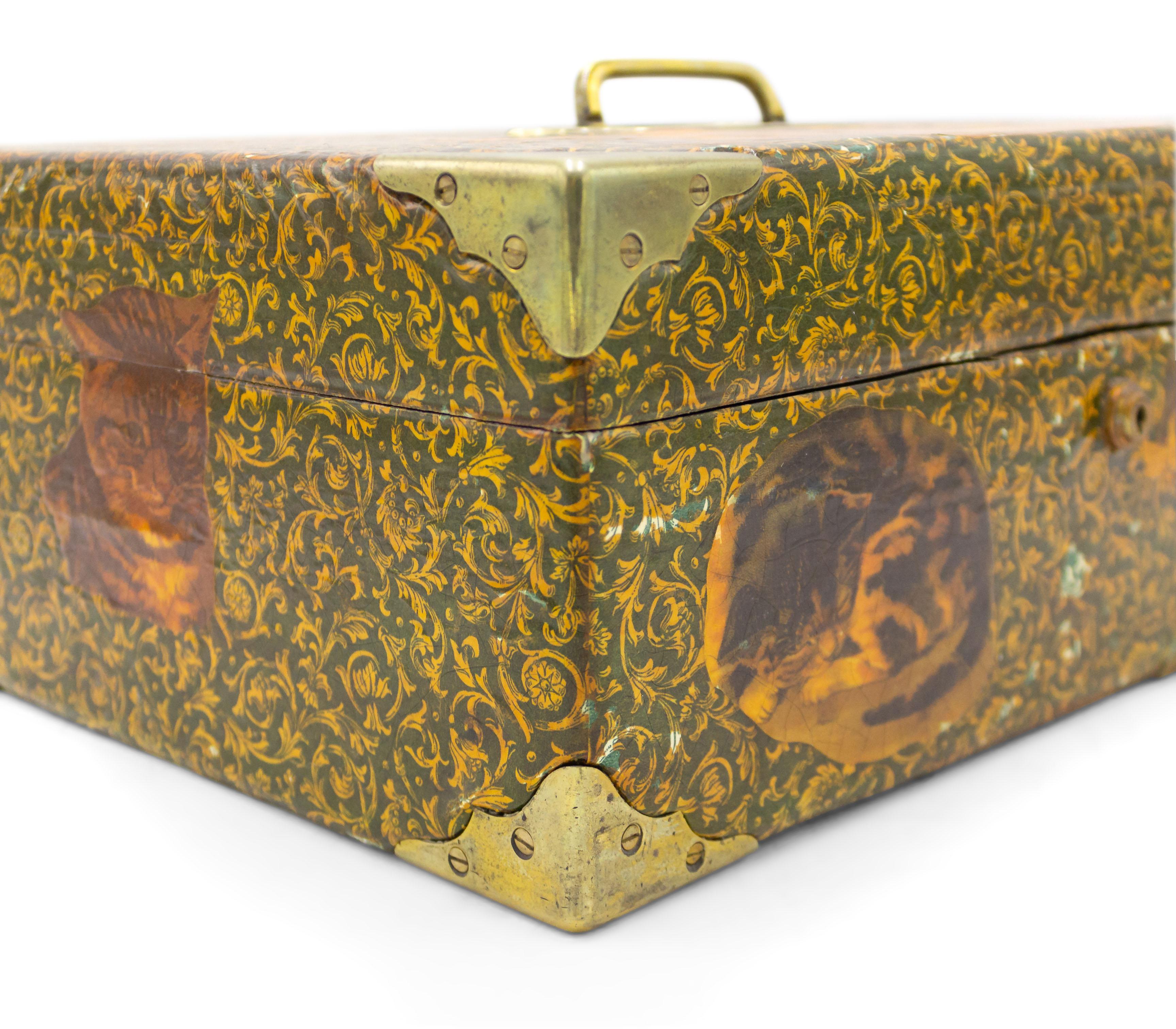 Brass English Victorian Style Decoupage Cat Box For Sale