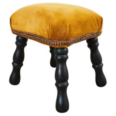 Vintage English Victorian Style Ebonized Wood and Velvet Stool