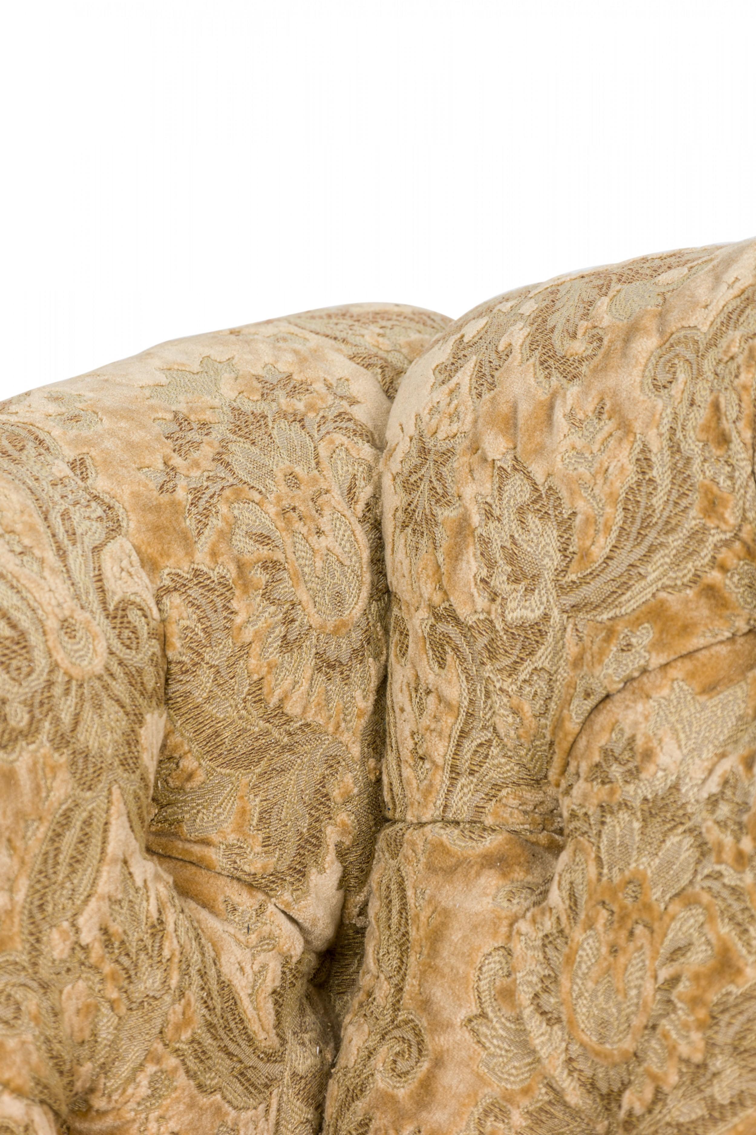 Fabric English Victorian-Style Gold Velvet Damask Button Tufted and Fringed Sofa For Sale