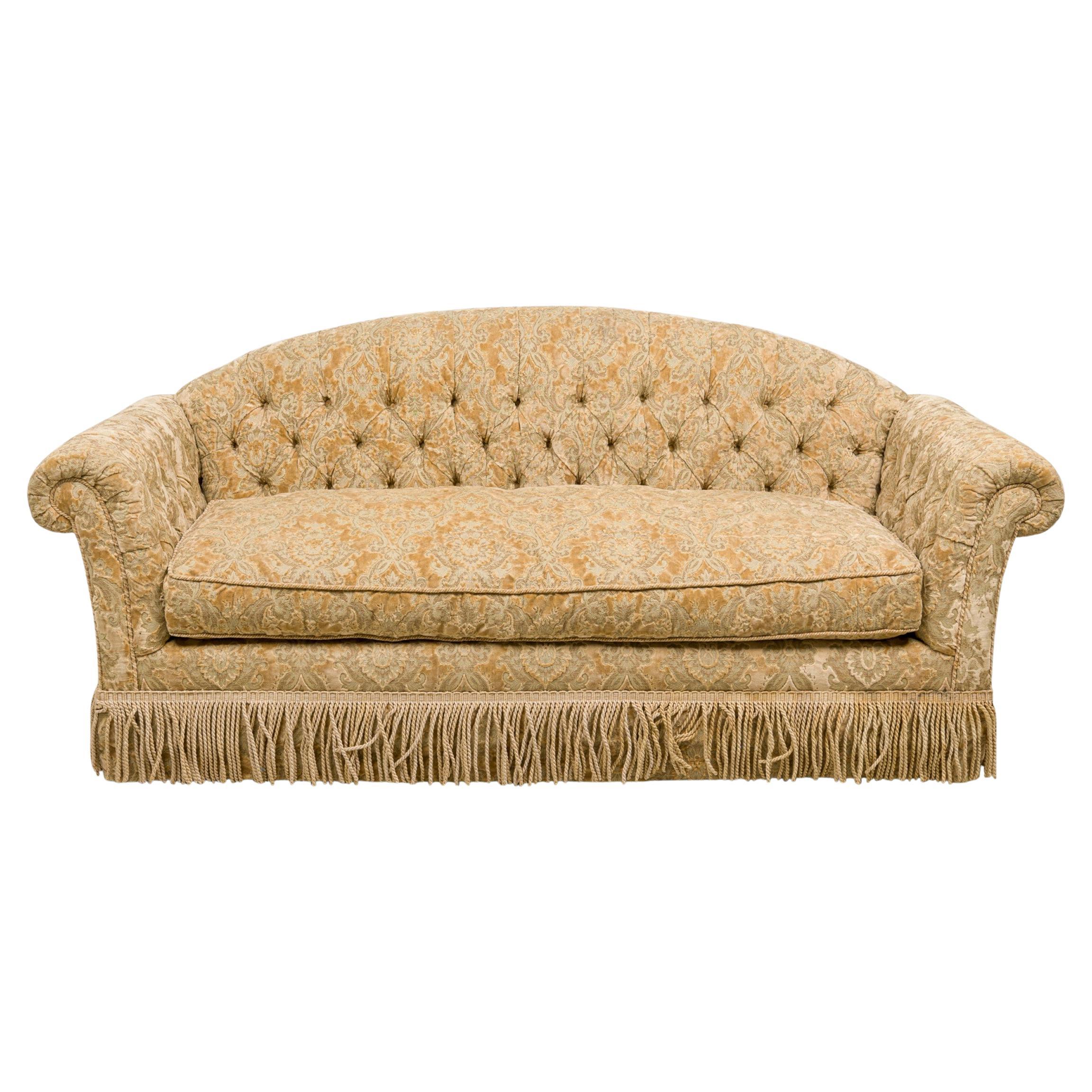 English Victorian-Style Gold Velvet Damask Button Tufted and Fringed Sofa