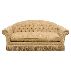 English Victorian-Style Gold Velvet Damask Button Tufted and Fringed Sofa