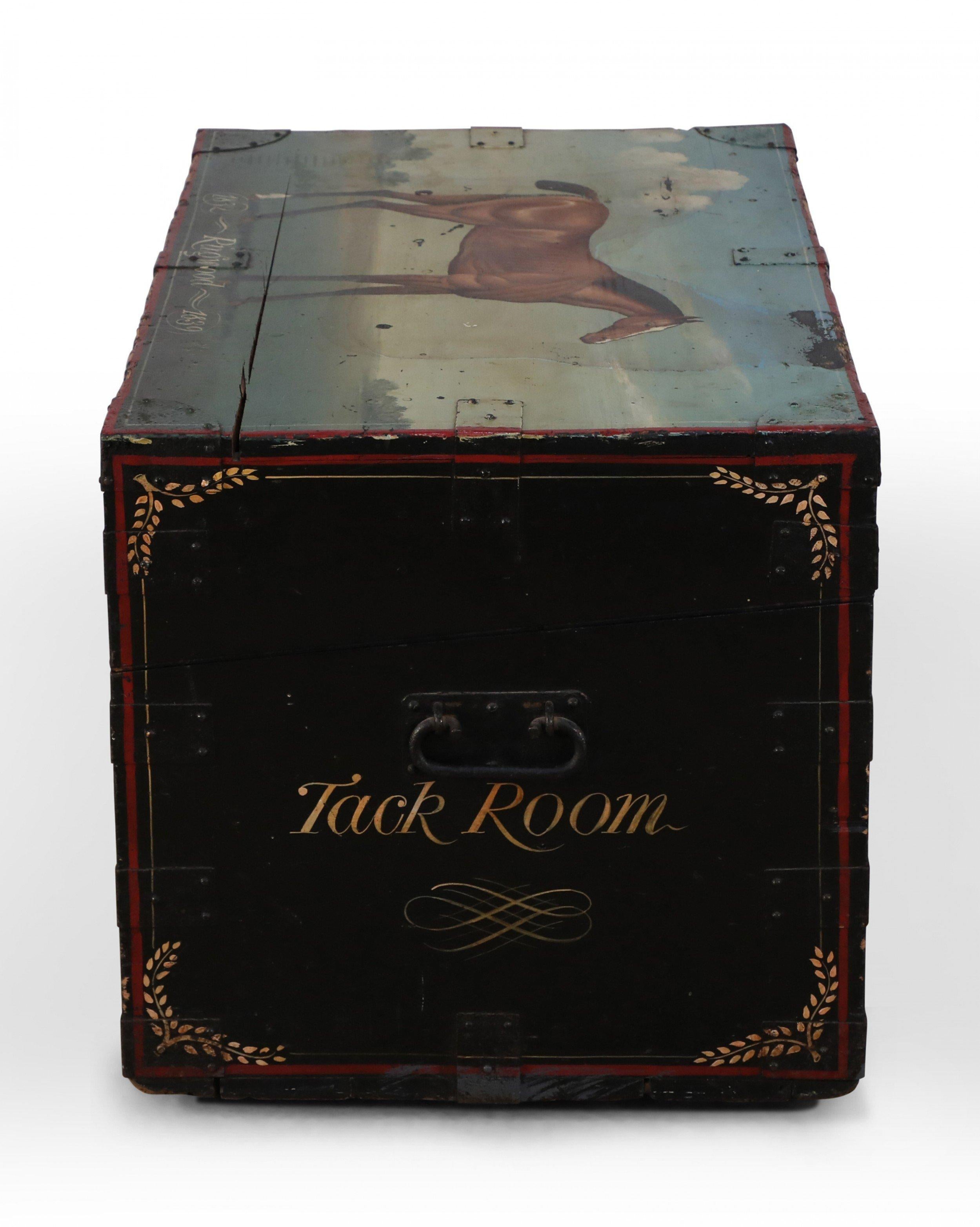 English Victorian style horse tack box / chest with hand painted design reading 