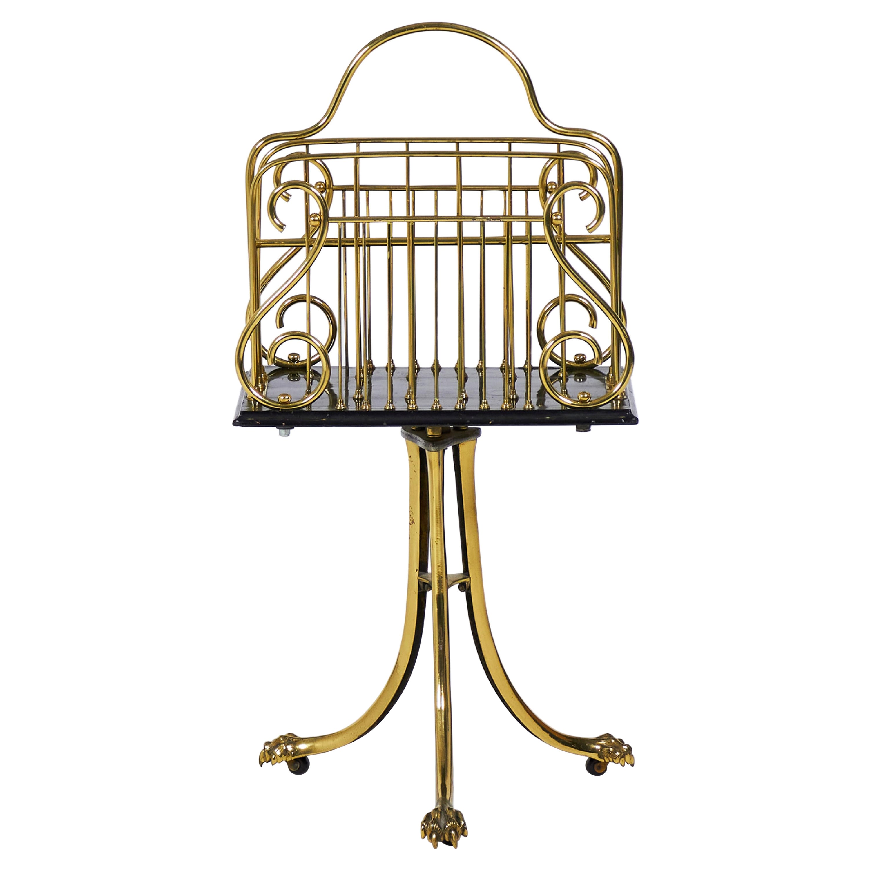 English Victorian-Style Lyre Motif Brass Paw Foot Magazine / Book Stand For Sale