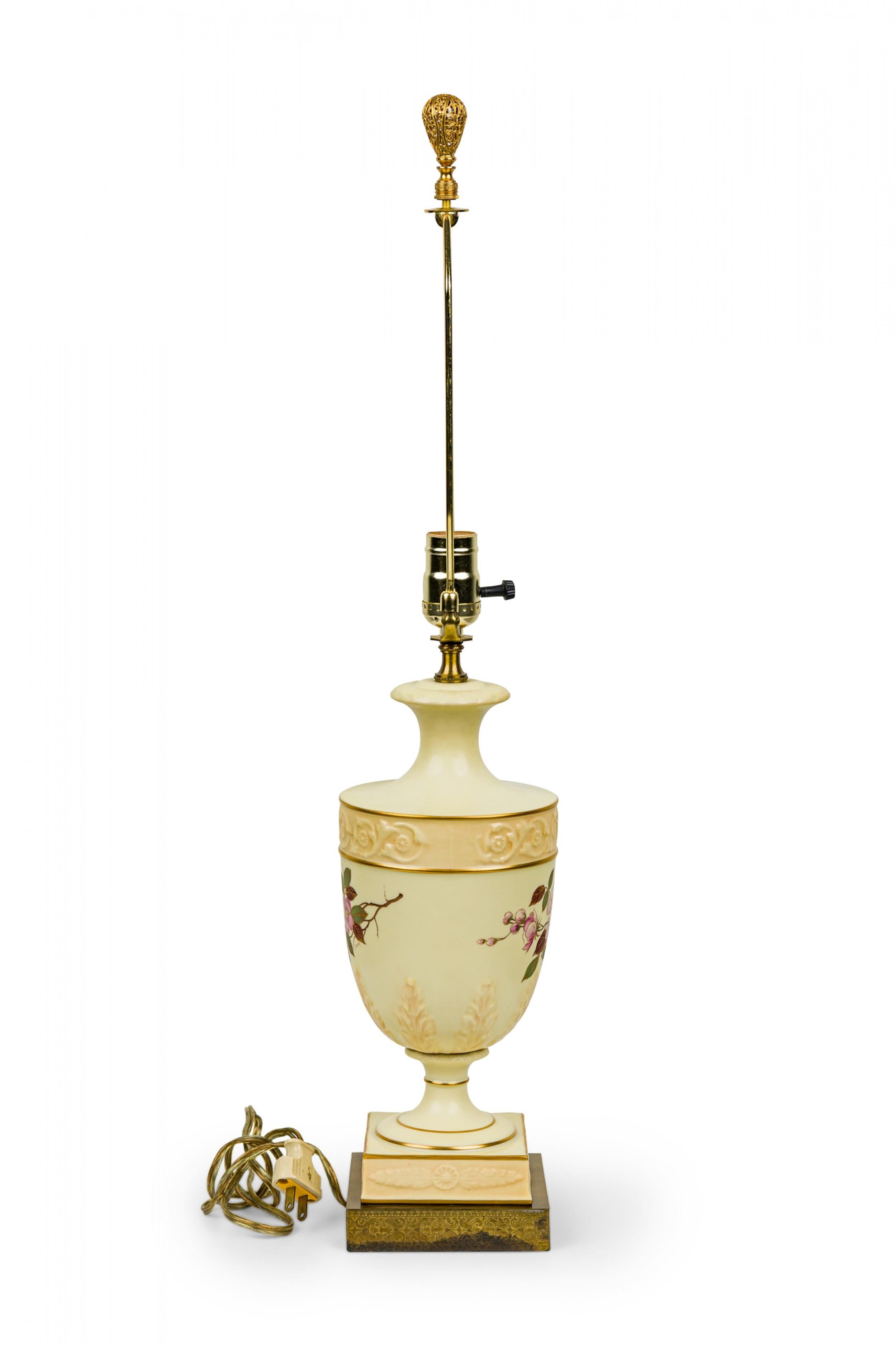 Hand-Painted English Victorian style Mid-Century Floral Porcelain Urn Form Table Lamp For Sale