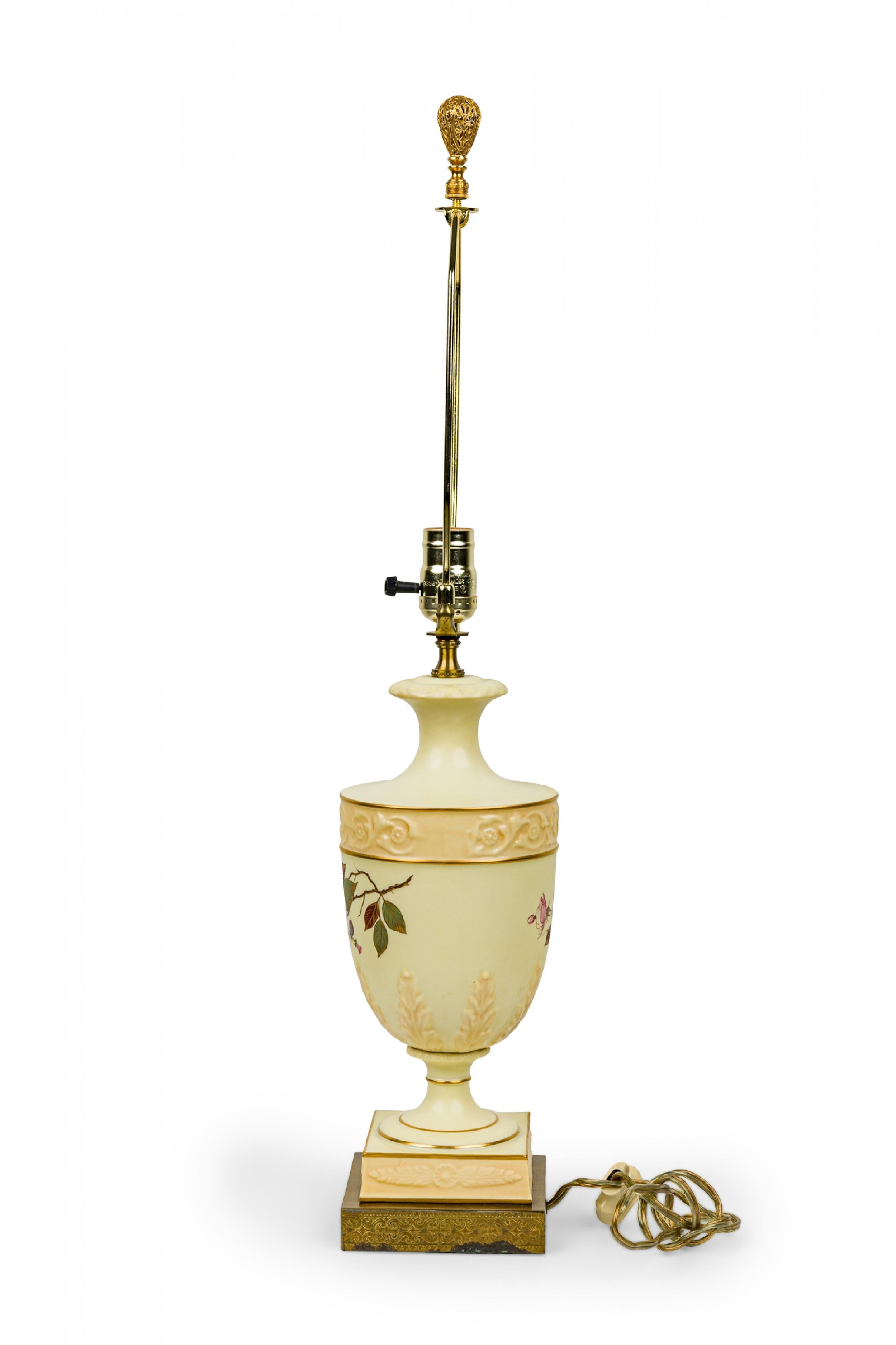 Brass English Victorian style Mid-Century Floral Porcelain Urn Form Table Lamp For Sale