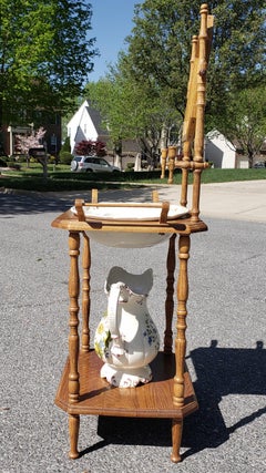 English Victorian Style Mirrored Washstand with Decorated Basin and Pitcher