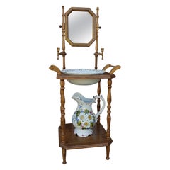 English Victorian Style Mirrored Washstand with Decorated Basin and Pitcher