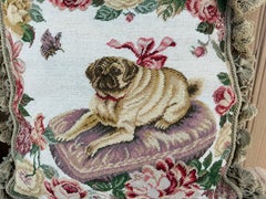 English Victorian Style Needlepoint & Velvet Pug Dog Pillows With Tassels- Pair