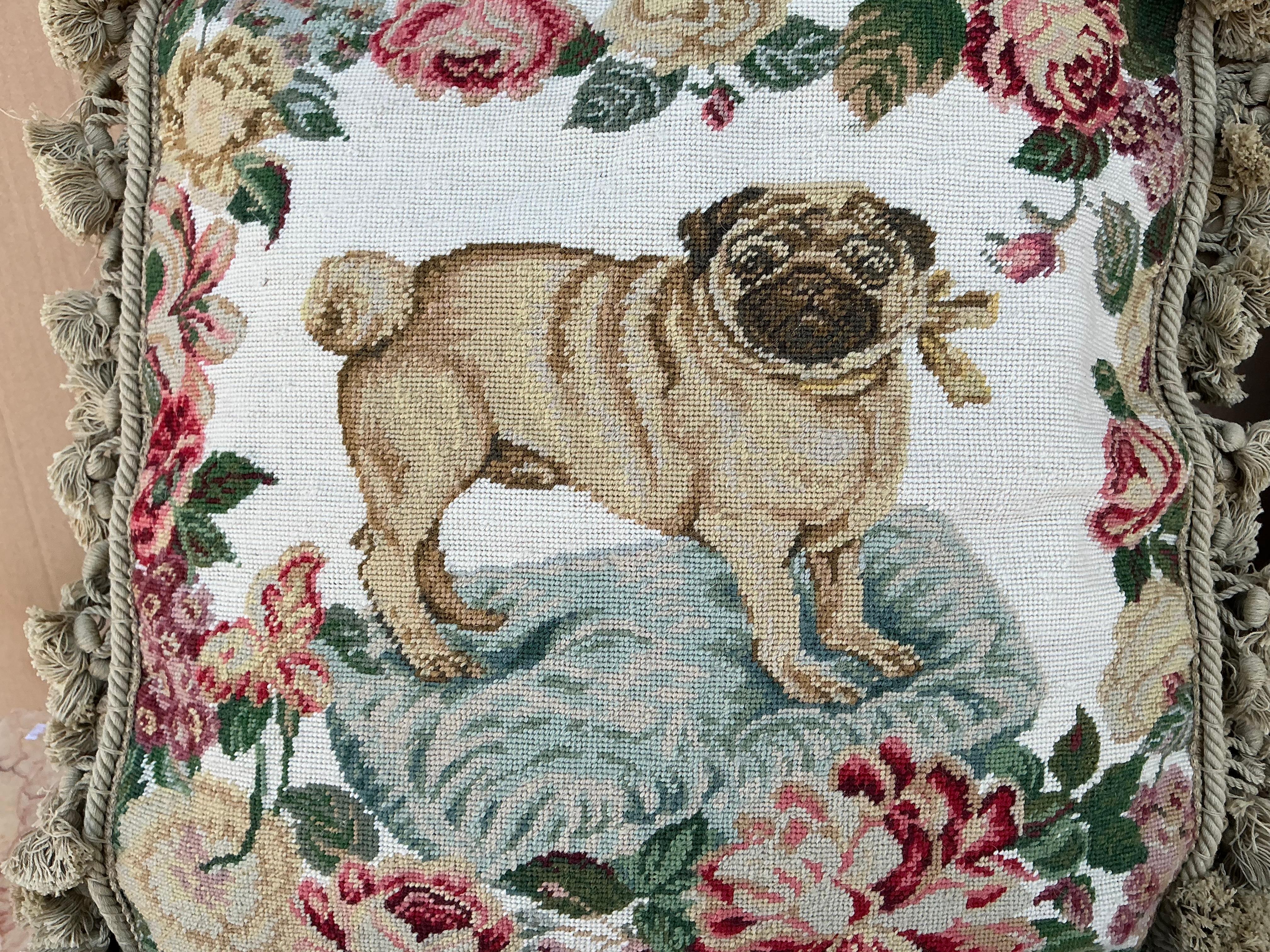 Unknown English Victorian Style Needlepoint & Velvet Pug Dog Pillows With Tassels- Pair