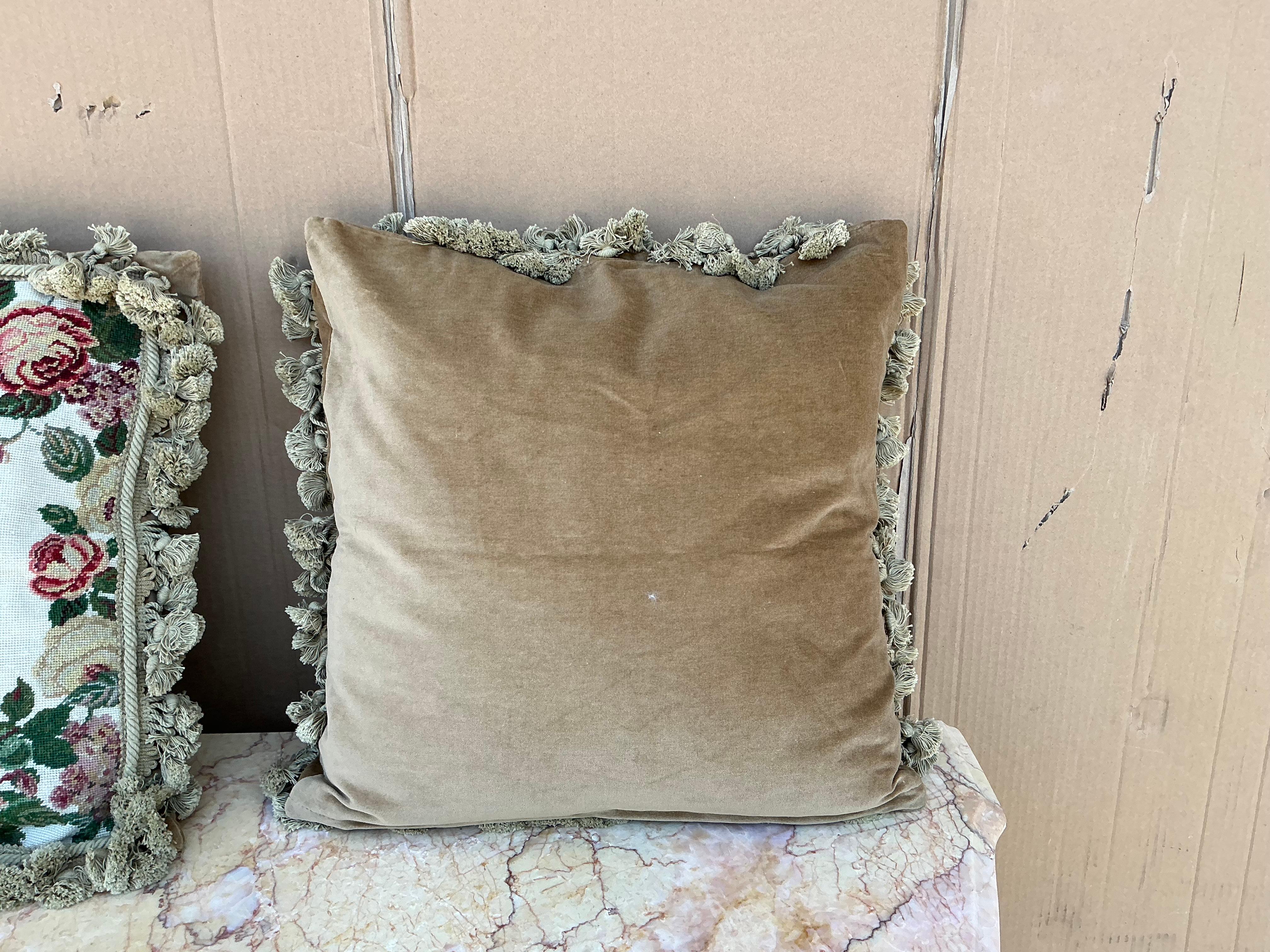 English Victorian Style Needlepoint & Velvet Pug Dog Pillows With Tassels- Pair In Good Condition In Kennesaw, GA