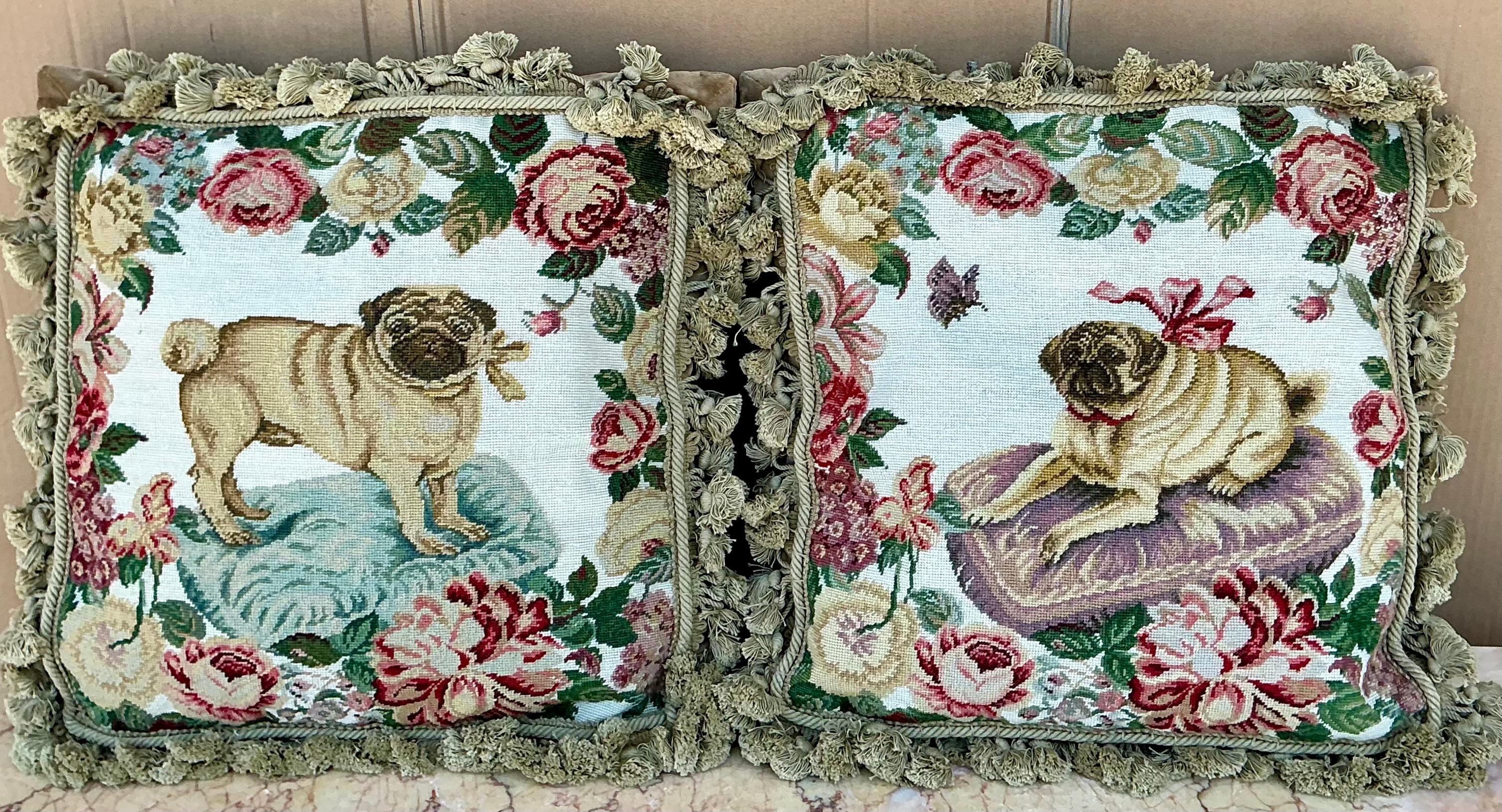 Contemporary English Victorian Style Needlepoint & Velvet Pug Dog Pillows With Tassels- Pair