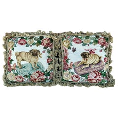 English Victorian Style Needlepoint & Velvet Pug Dog Pillows With Tassels- Pair