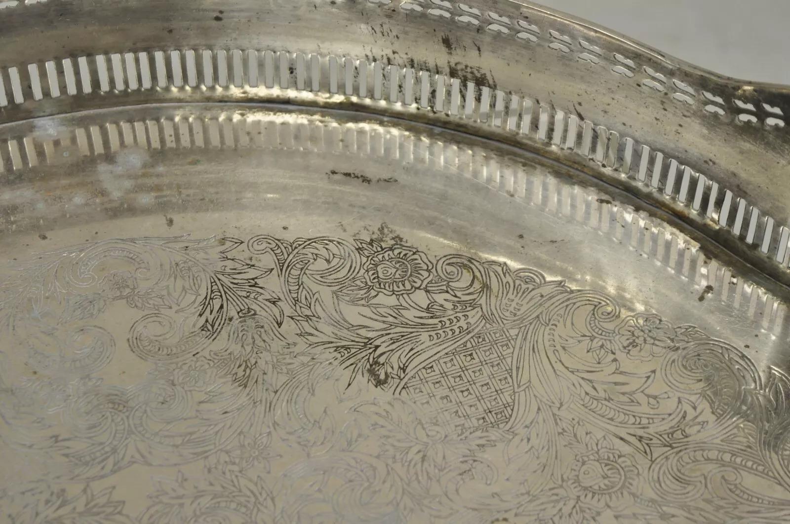 English Victorian Style Oval Raised Gallery Silver Plated Centerpiece Tray For Sale 3