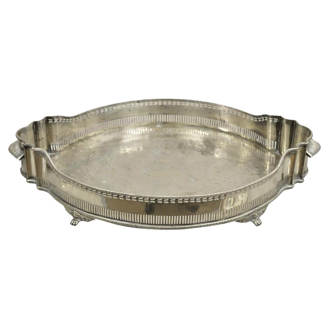 Bandeja de centro de mesa ovalada de estilo victoriano inglés chapada en plata con galería elevada