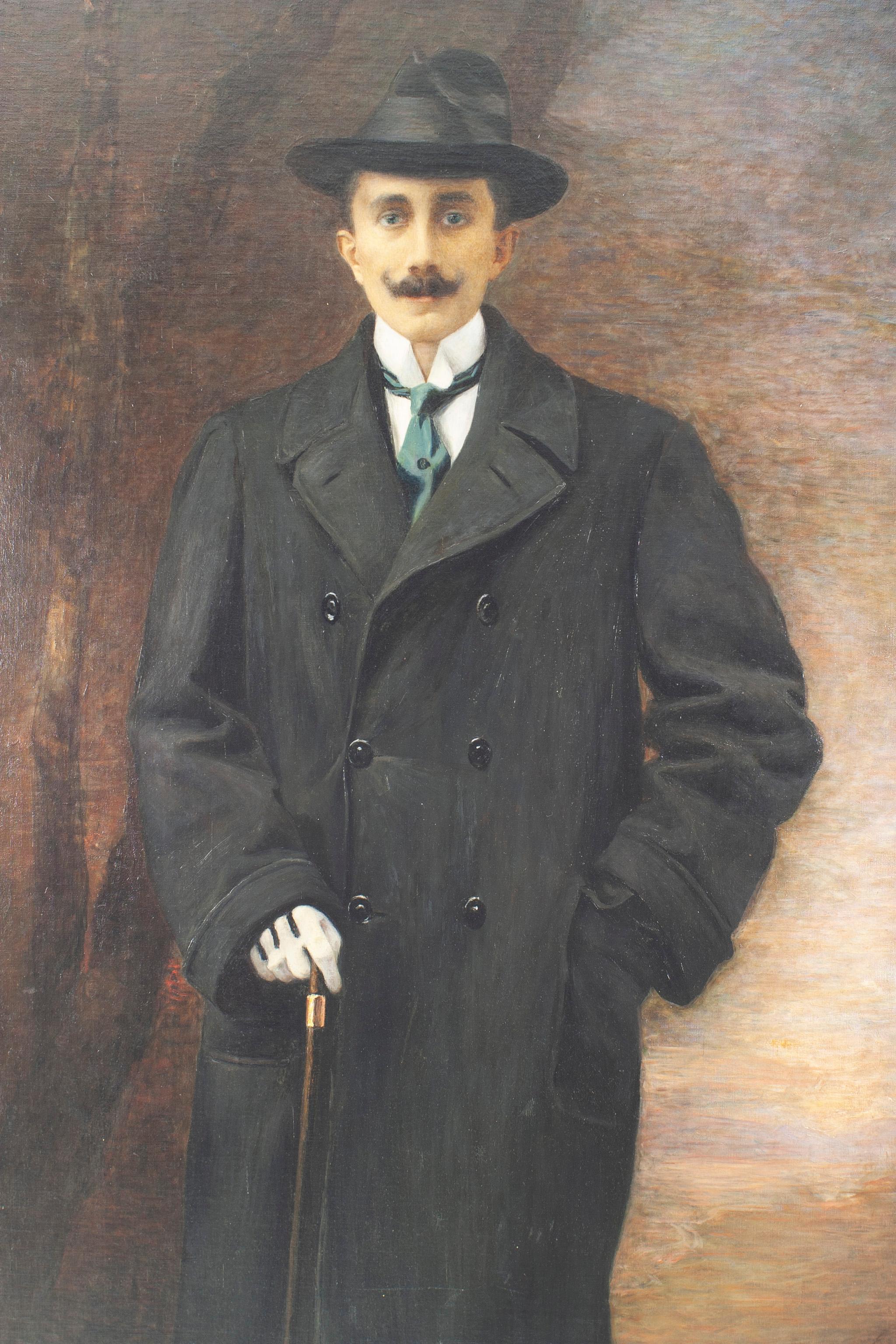 English Victorian style full lengths portrait of a gentleman (possibly Toscanini) with a mustache wearing a long black coat & hat holding a cane (signed: LUCIA TARDITI 1913 ROMA VII).


Lucia Tarditi was a painter interested in both landscape and