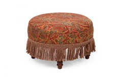 English Victorian Style Red and Blue Paisley Upholstered Circular Ottoman