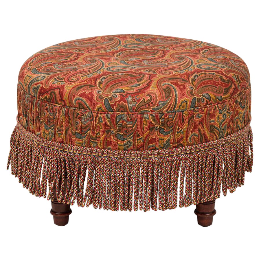 English Victorian Style Red and Blue Paisley Upholstered Circular Ottoman For Sale