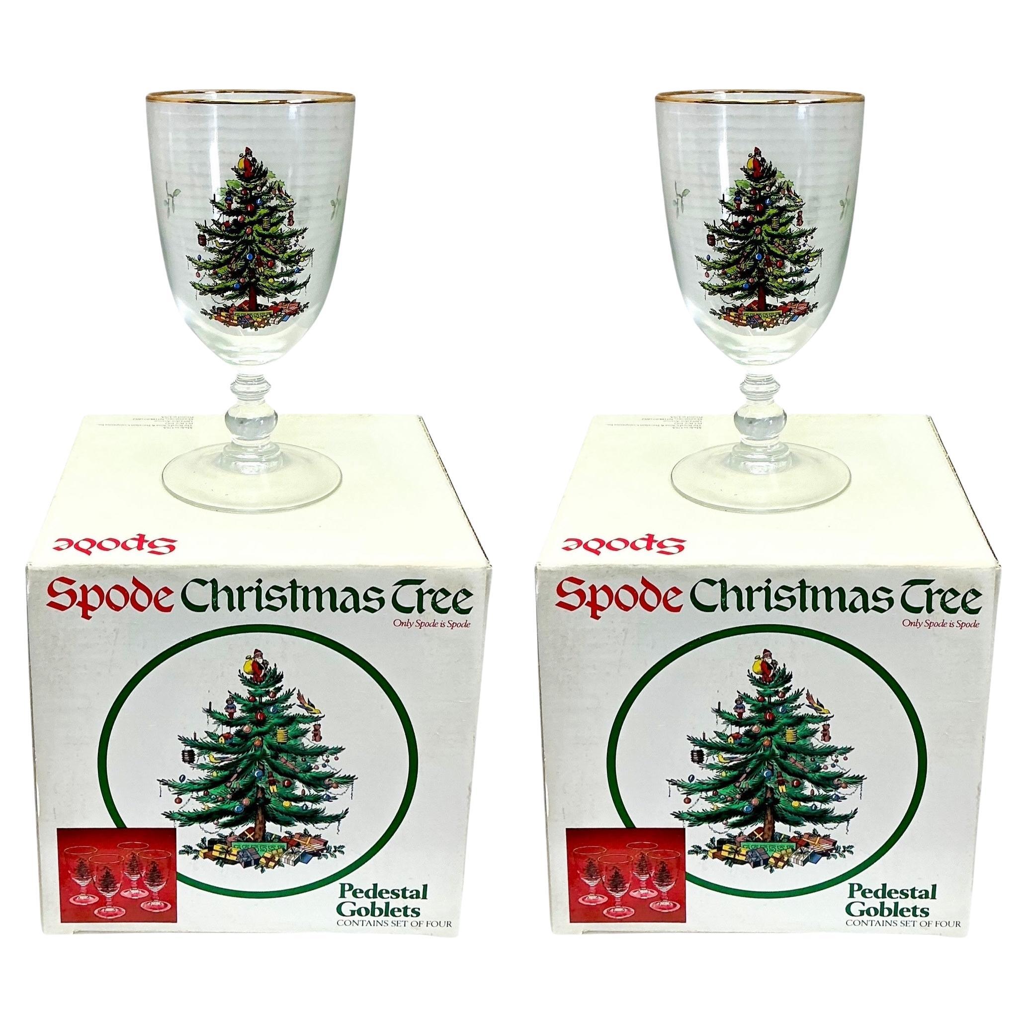 English Victorian Style Spode Christmas Tree Wine / Water Glass Goblets - S/8