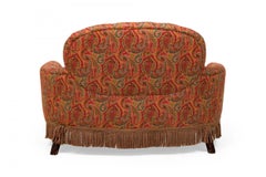 English Victorian Style Tufted Red Paisley Upholstered Rounded Back Loveseat