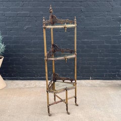 English Victorian Tier Brass & Glass Etagere Corner Shelf