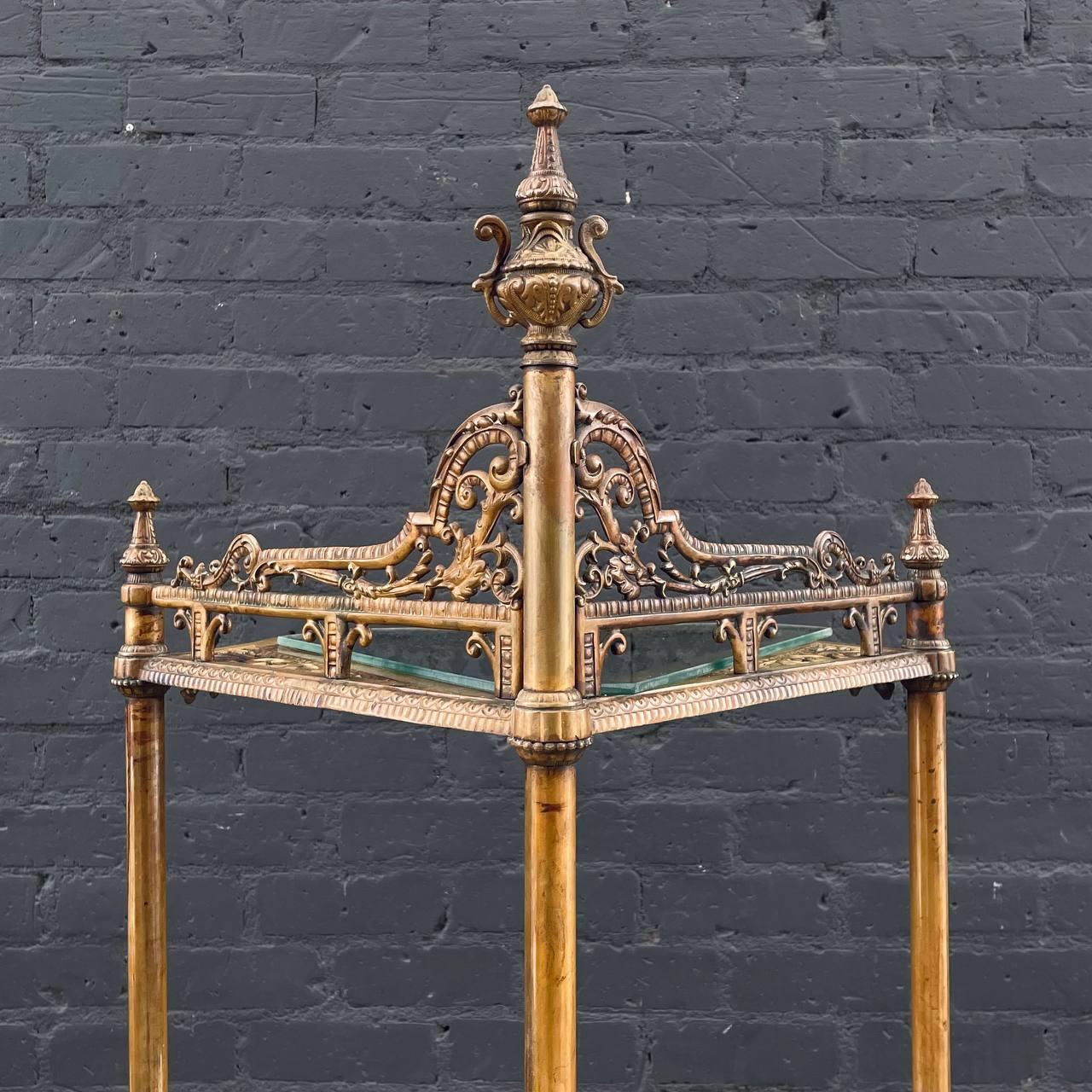 English Victorian Tier Brass & Glass Etagere Corner Shelf 2