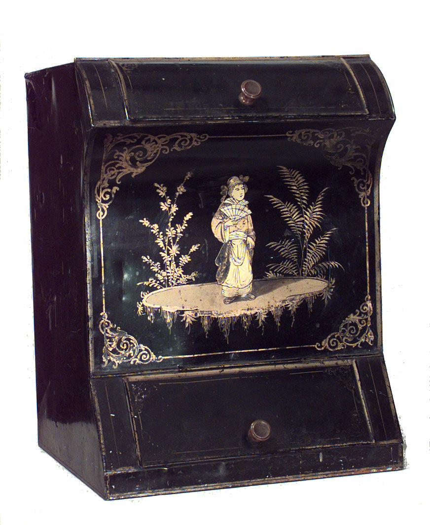 2 barattoli per spezie inglesi vittoriani in tole nero e stencil dorato con decorazione Chinoiserie. (PREZZO OGNI)