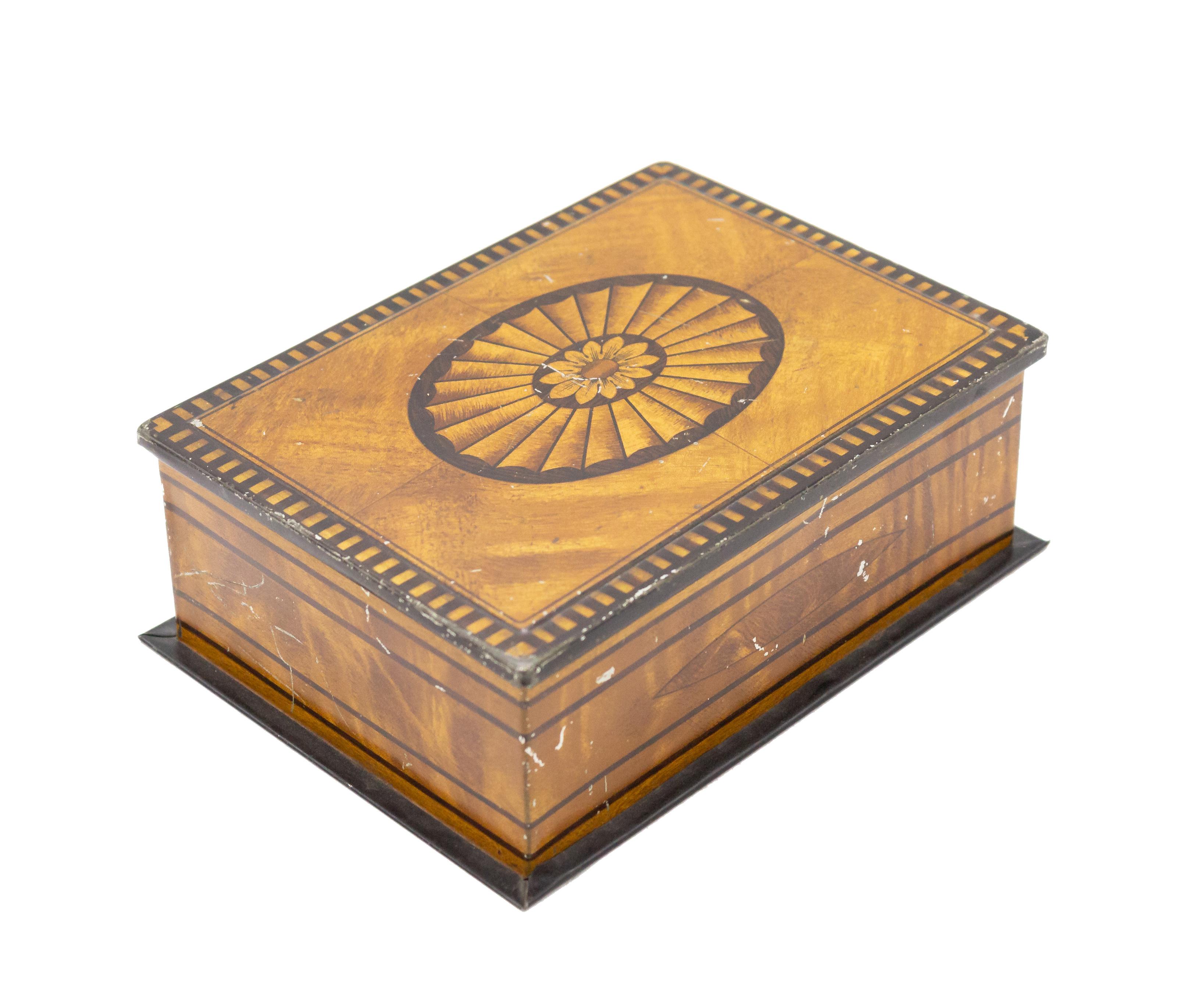 English Victorian Trompe L'oeil Marquetry Tin Box For Sale 2