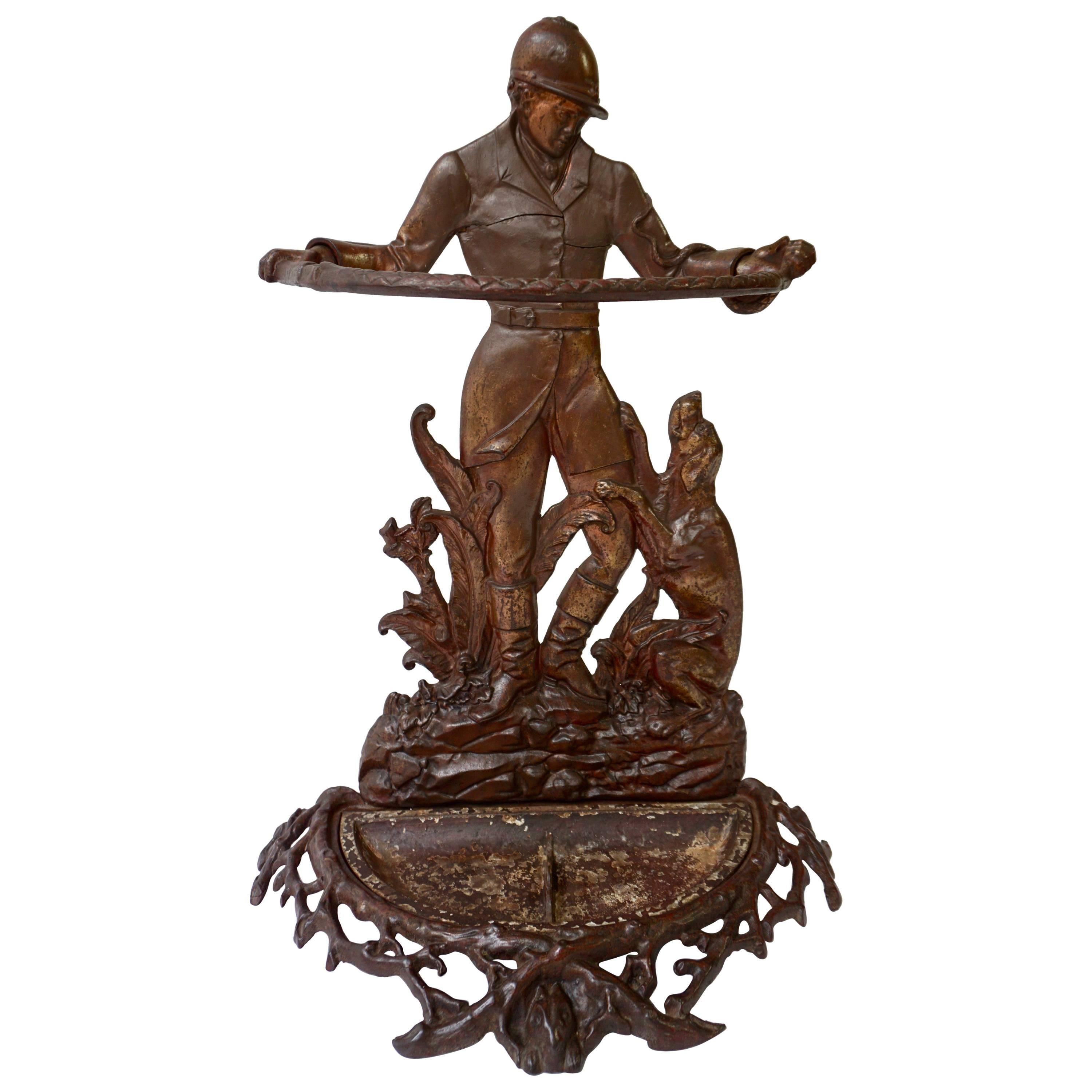 English Victorian Umbrella Stand Representing  a Hunter with his Dog