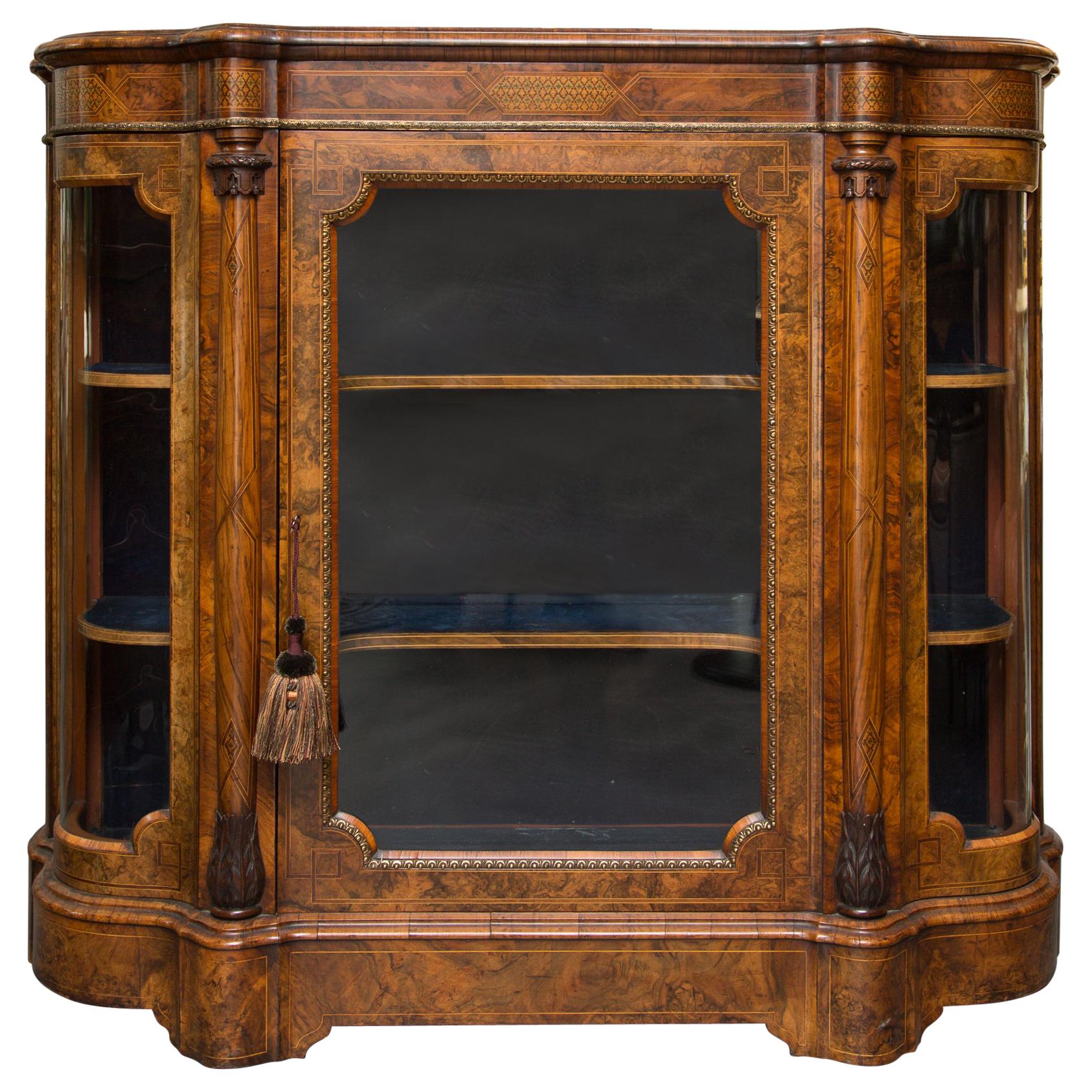 English Victorian Walnut and Inlaid Display Cabinet