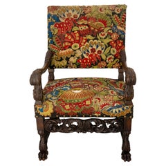 English Victorian Walnut Armchair Lion Paws Feet, Late 19th Century